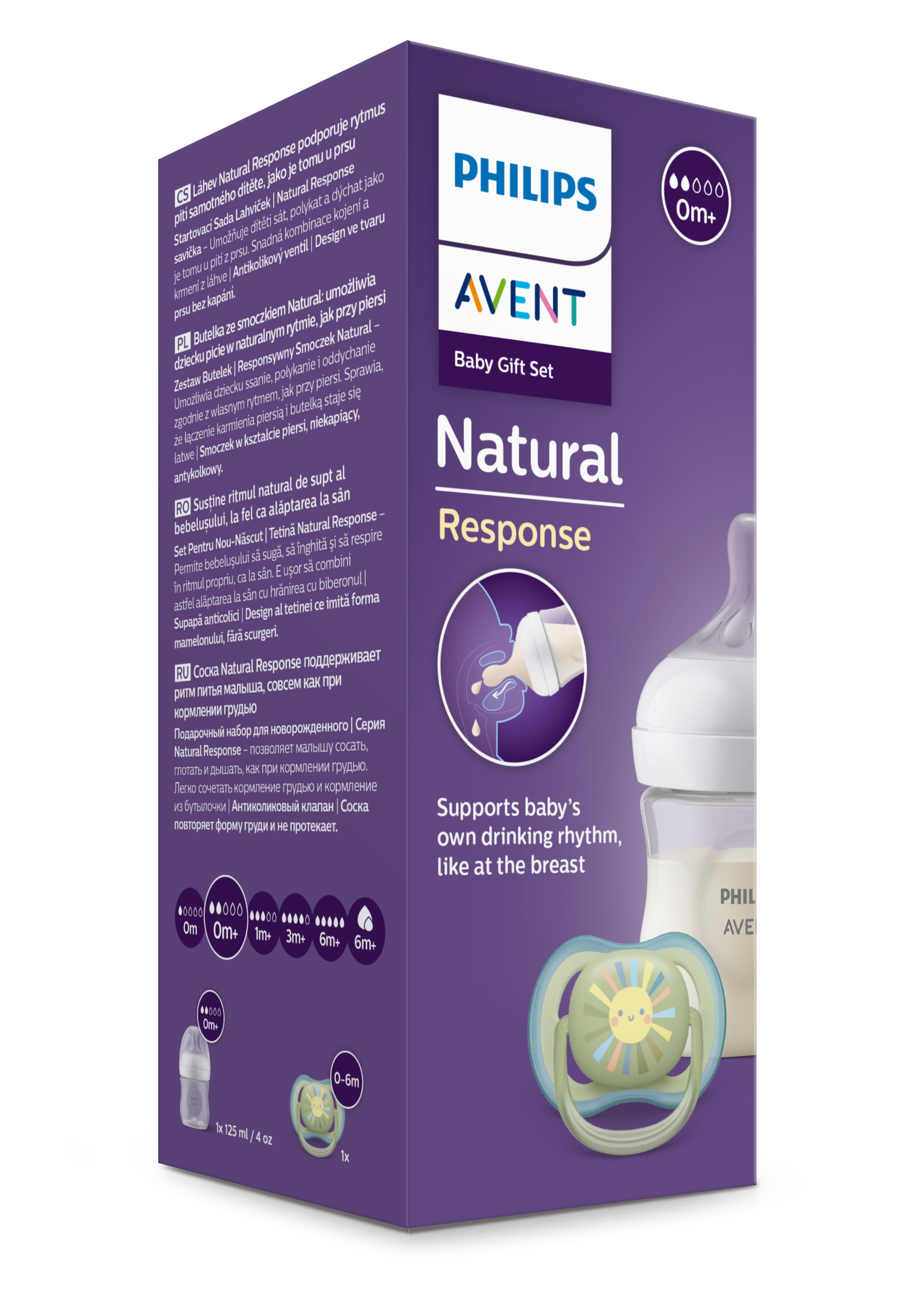Box mit Philips Avent Baby-Geschenkset. Enthält Flasche, Schnuller und Text. Das Produkt unterstützt den natürlichen Rhythmus des Babys.