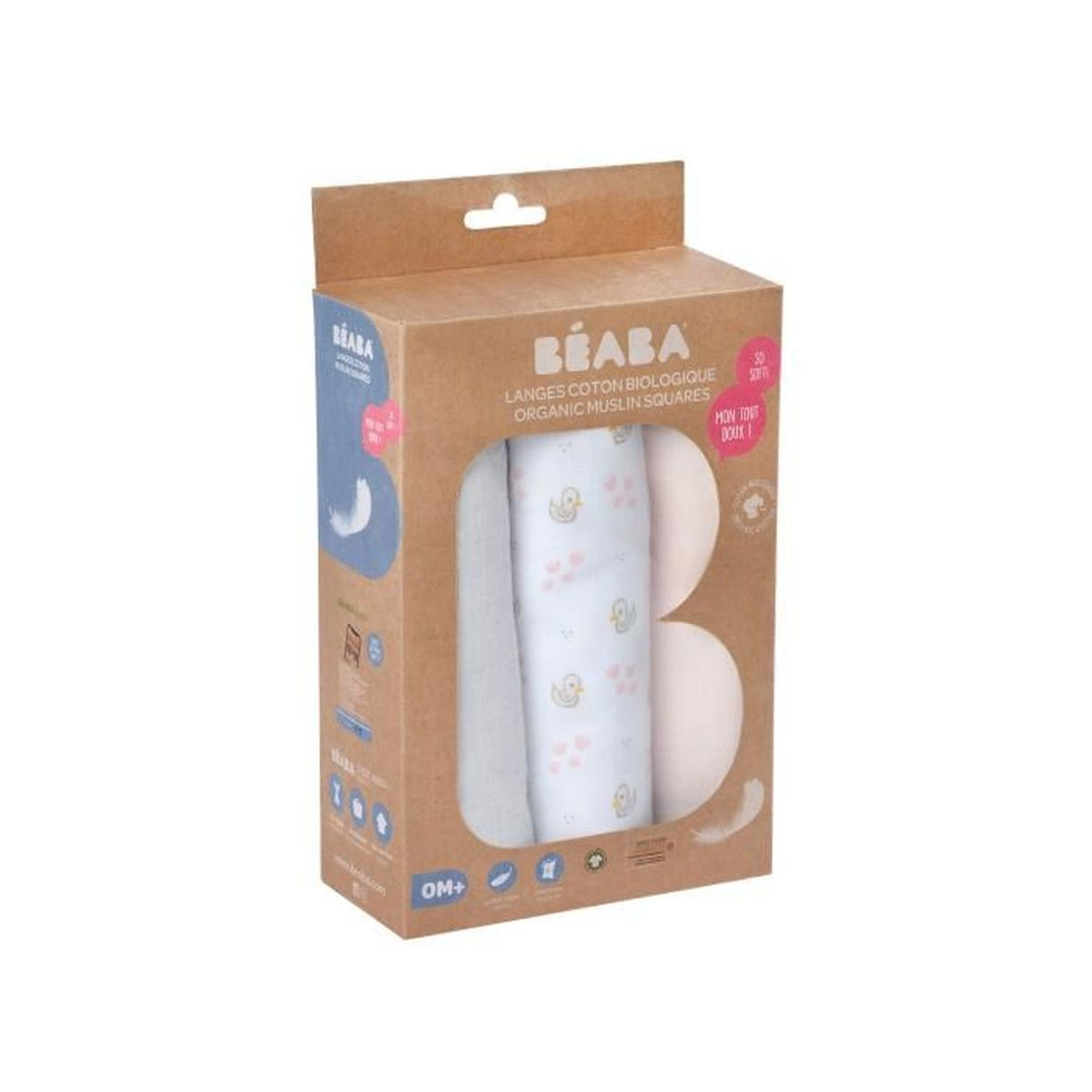 Eine braune Schachtel mit Babyprodukten. Die Schachtel trägt den Markennamen BEABA. Es gibt weiße Baby-Tücher mit Entenmustern.