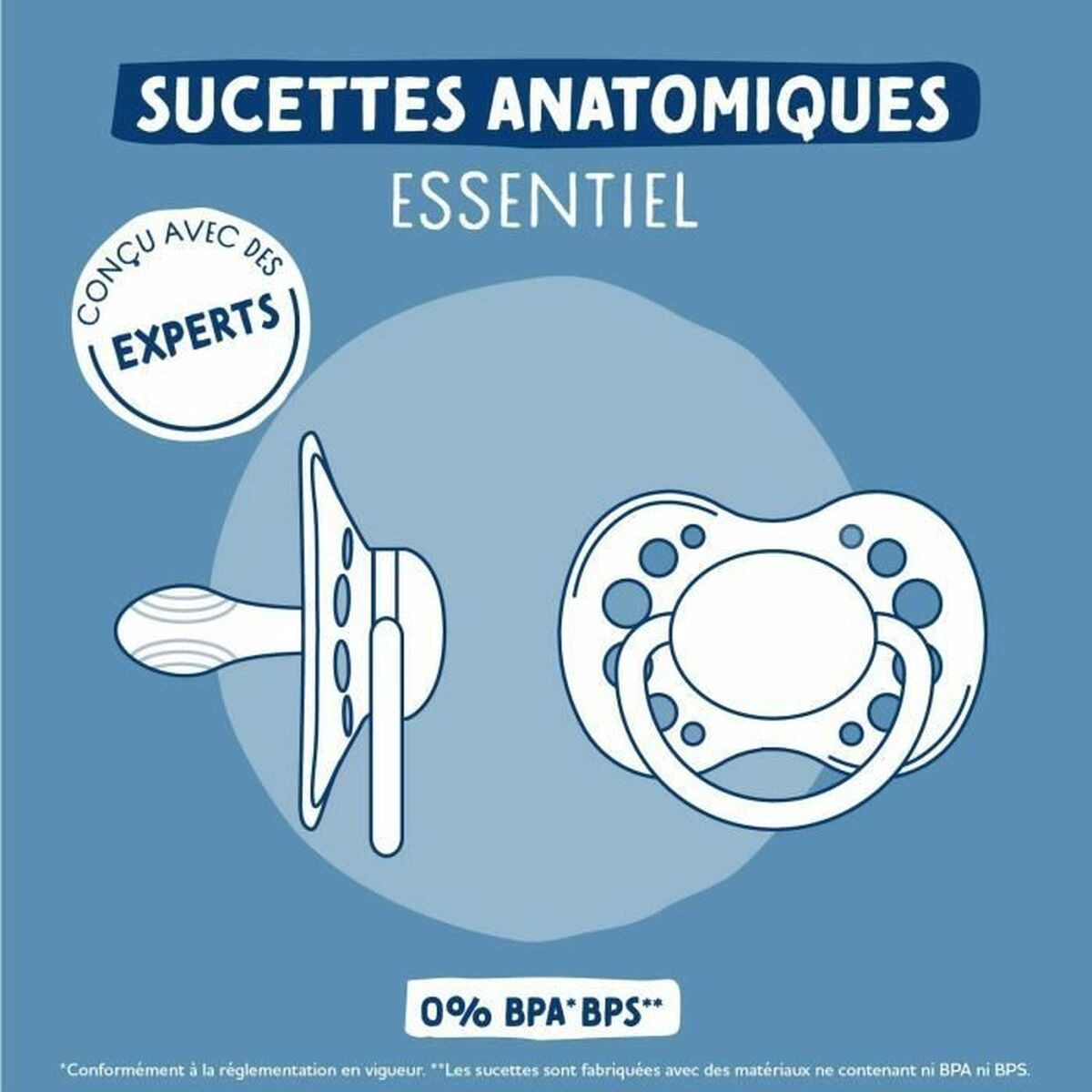 Anatomische Schnuller auf blauem Grund. Der Text lautet 'Anatomische Schnuller, Essential'. Ein Schnuller ist von der Seite, einer von vorne zu sehen.