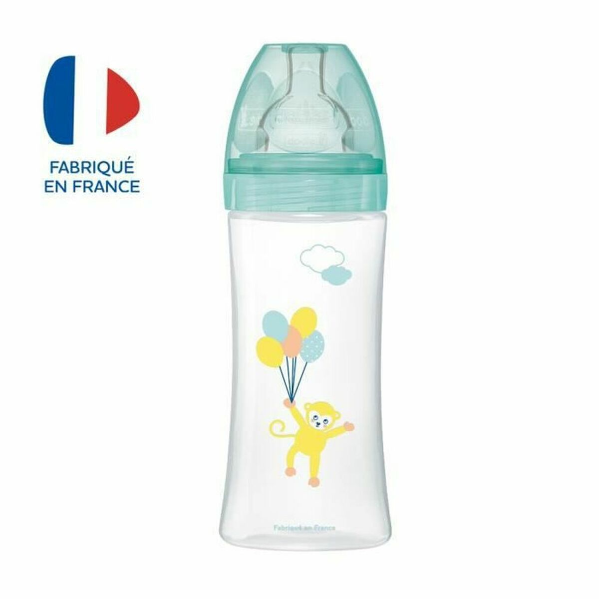 Babyflasche mit einem Affen, der Ballons hält. Die Flasche ist klar mit blauem und grünem Deckel. Hergestellt in Frankreich.