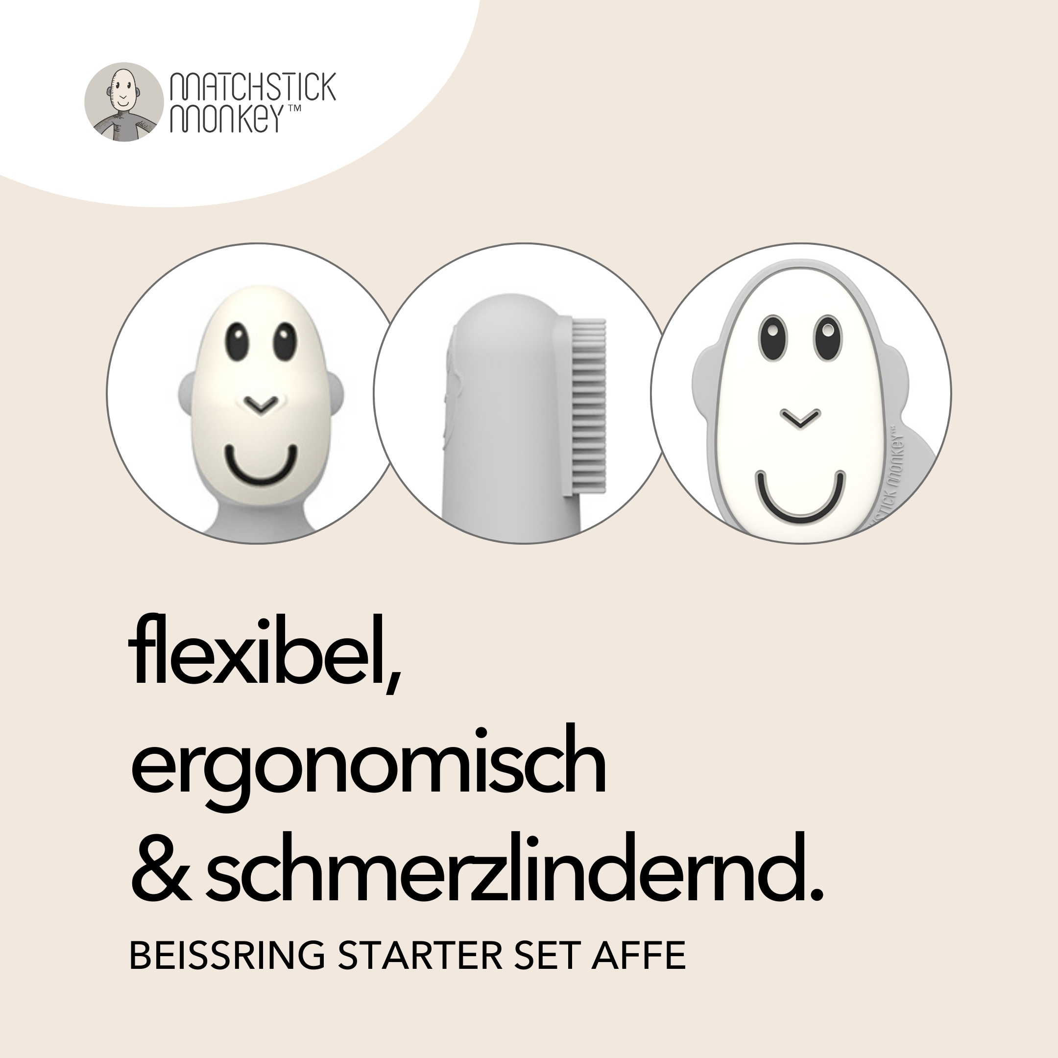 Das Bild zeigt ein Baby-Zahnspielzeug mit drei Affen-Gesichts-Designs, der Text lautet: flexibel, ergonomisch und schmerzlindernd.
