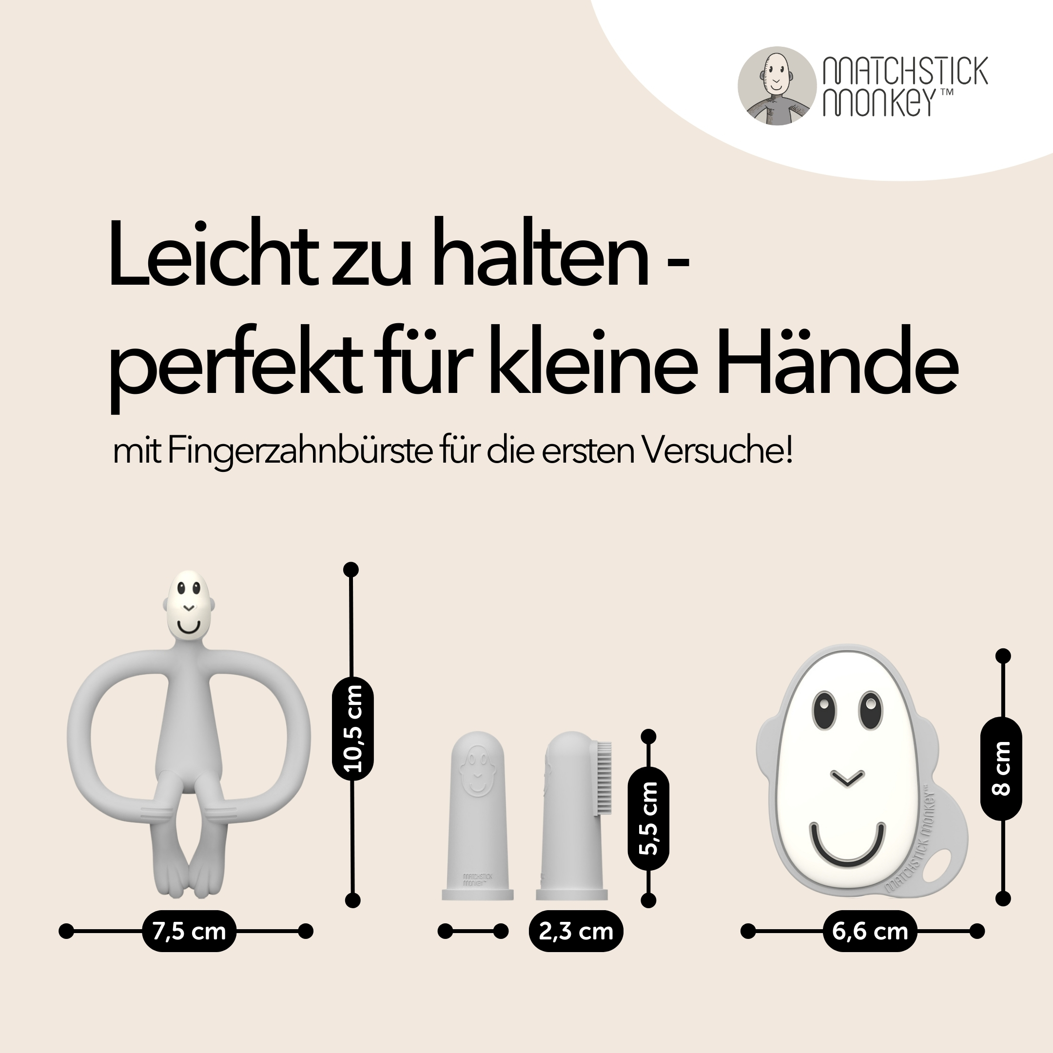 Das Bild zeigt Beißringe in verschiedenen Formen und Größen. Enthält einen affenförmigen Beißring und eine Fingerzahnbürste.