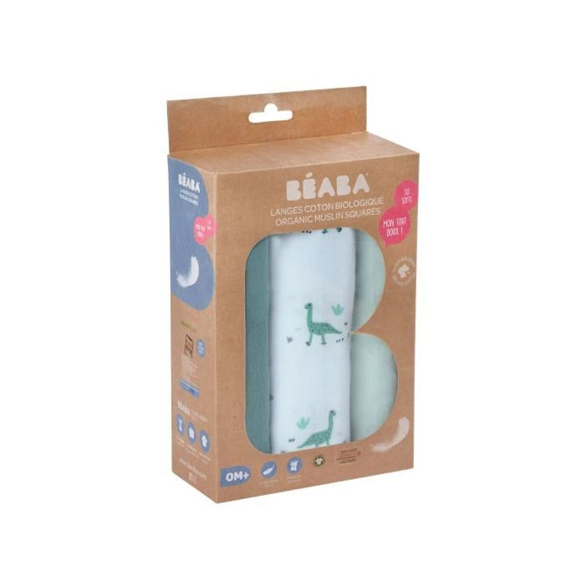 Eine Schachtel mit BEABA Bio-Musselin-Quadraten. Die Schachtel ist braun und hat das Markenlogo. Innen befinden sich weiße und grüne Tücher mit Dinosaurierdrucken.