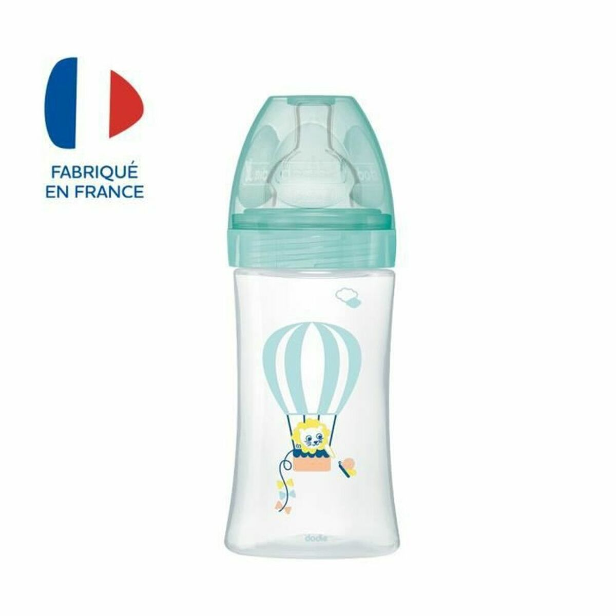 Babyflasche mit blauem und gelbem Heißluftballon-Design. Sie hat einen blauen Deckel und den Text "Fabriqué en France".