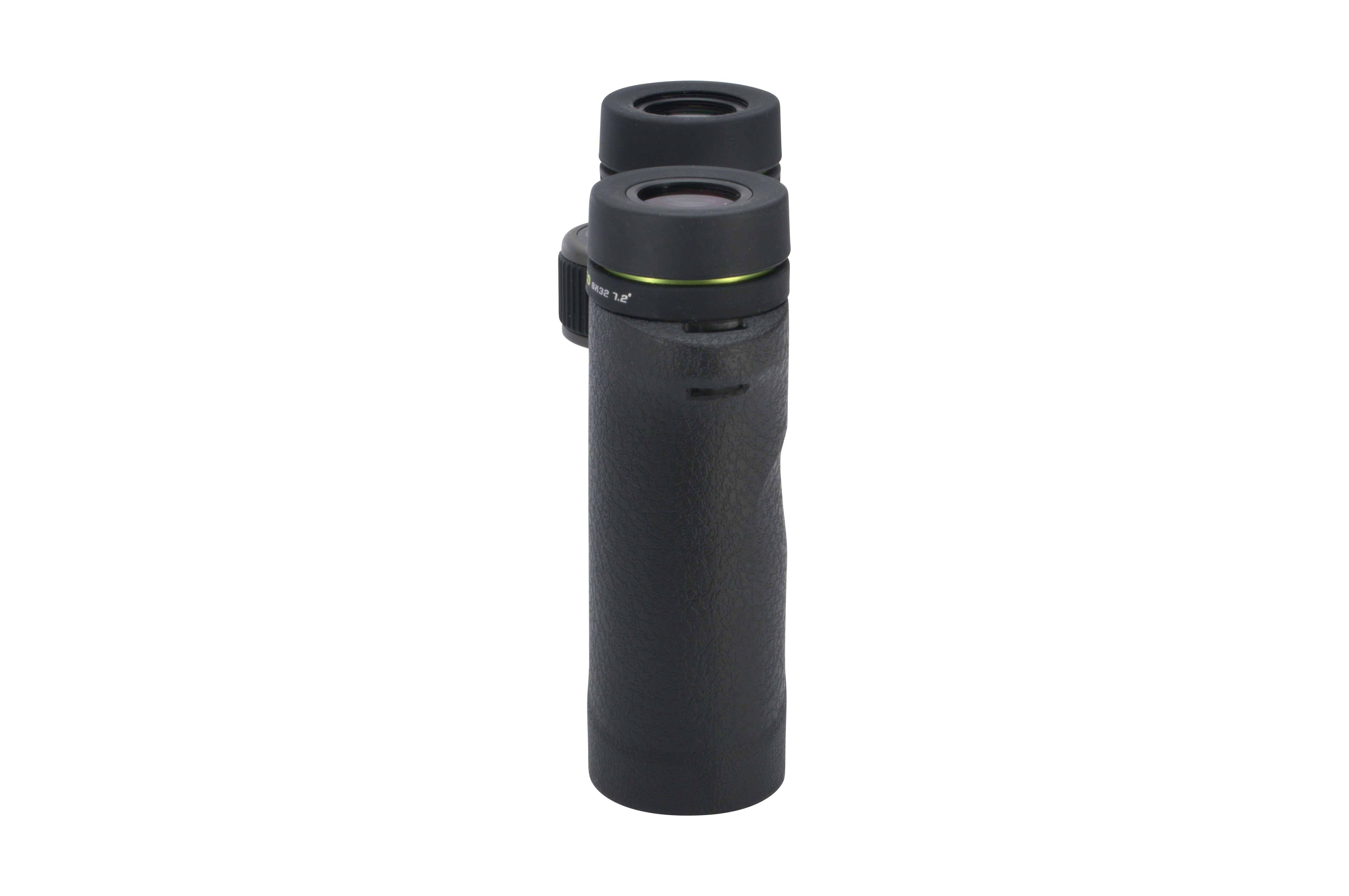 Un monocular negro se encuentra de pie sobre un fondo blanco. Tiene un agarre texturizado y una lente.