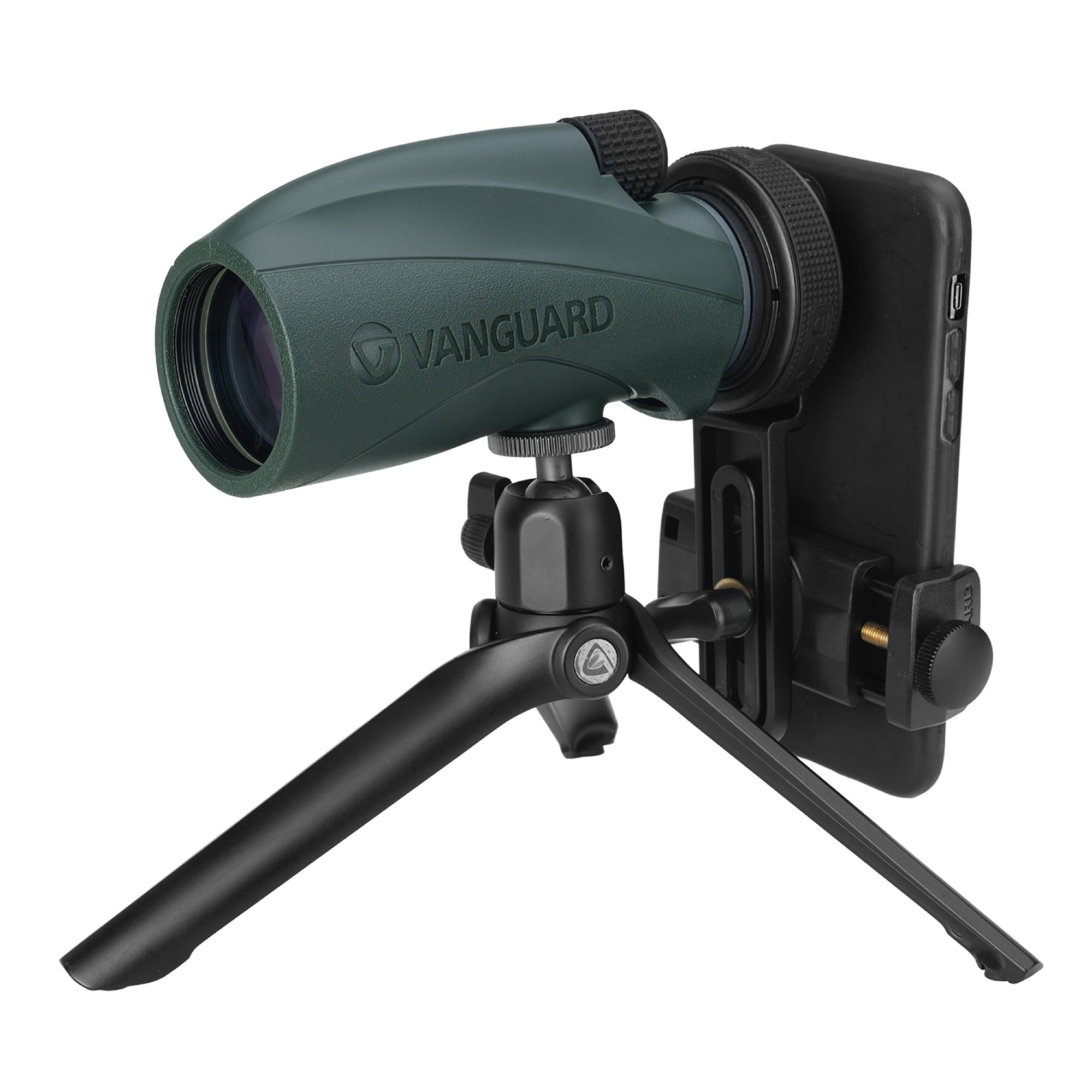 Un monocular verde con un teléfono adjunto, montado en un trípode negro. El monocular tiene el logo 'Vanguard'.