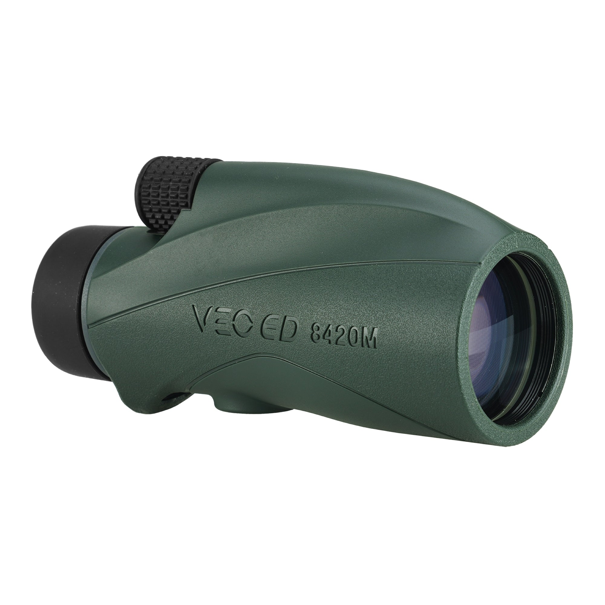 Monocular verde con detalles negros, etiquetado 'VEC ED 8420M'. La lente refleja luz.
