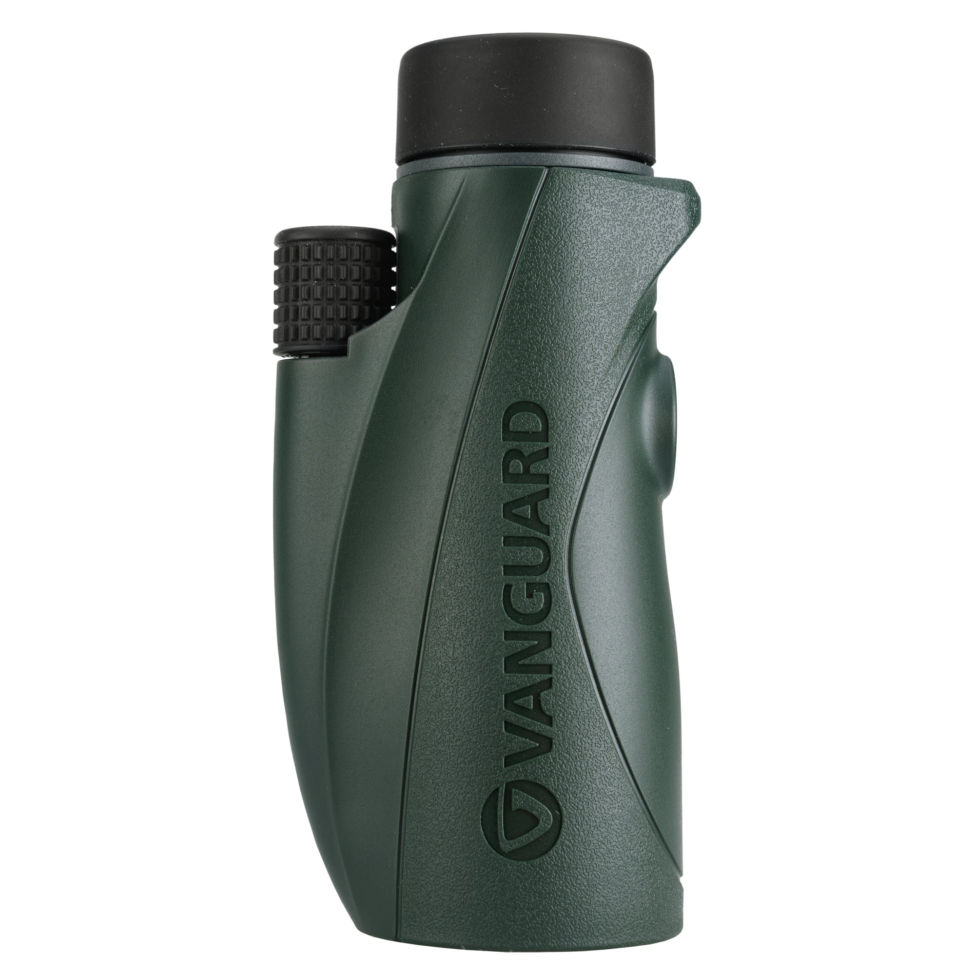 Un monocular verde Vanguard sobre fondo blanco. Tiene un ocular negro y una rueda de enfoque.