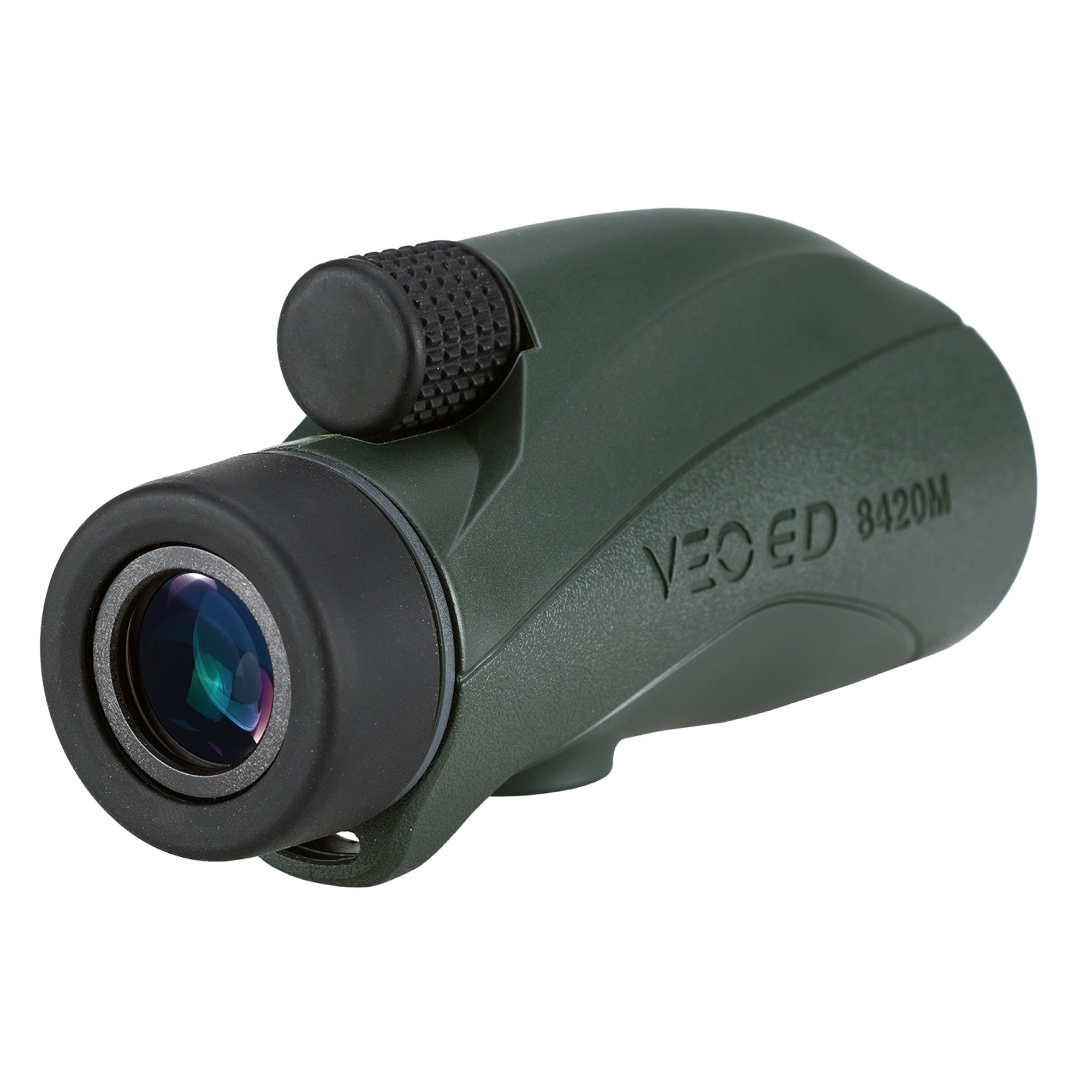 Un monocular verde con ocular y ajuste de enfoque negros. Visible la marca 'VEO ED 8420M'.