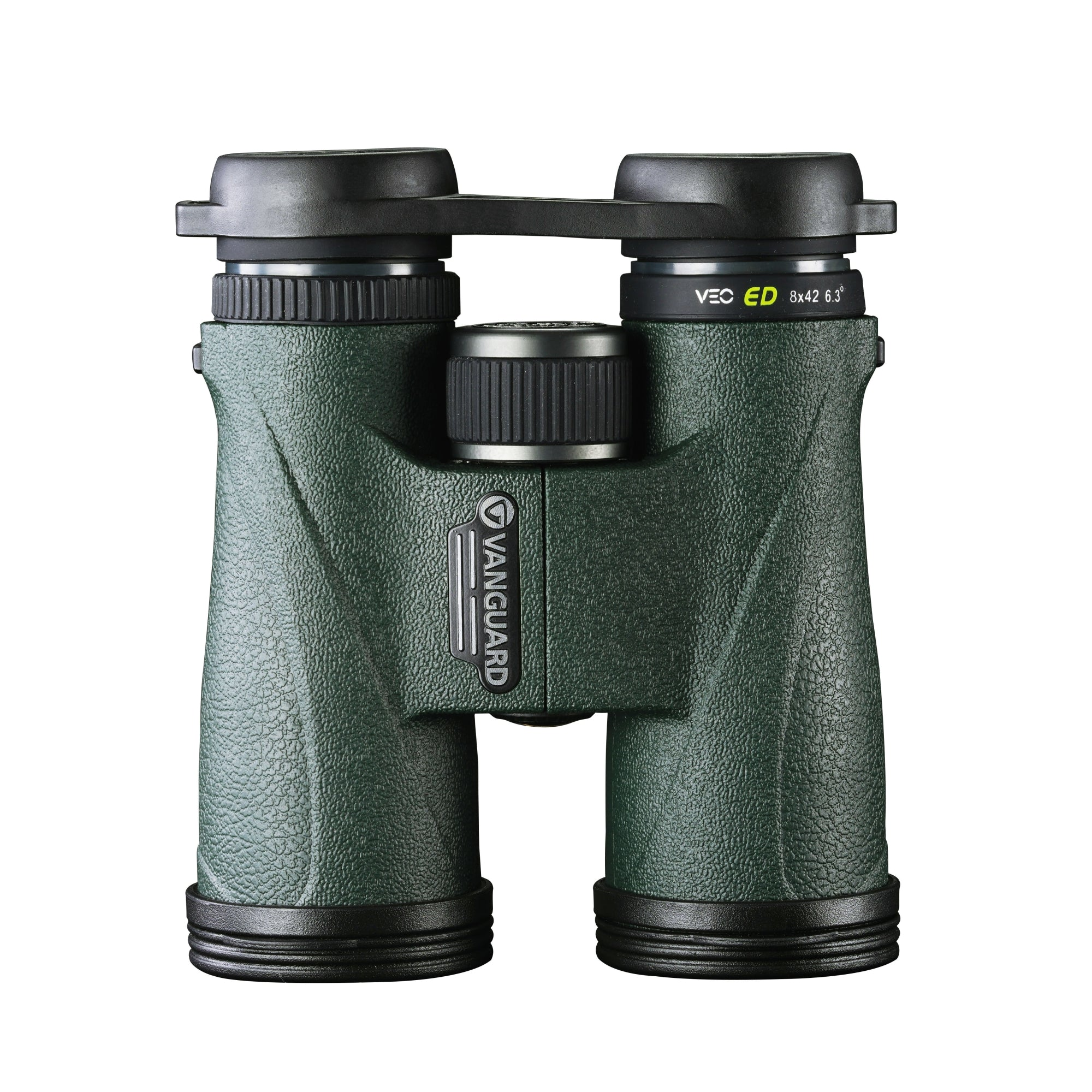 Prismáticos verdes con detalles en negro, marca Vanguard, ED 8x42 6.3°. Cuerpo verde texturizado y copas oculares negras.