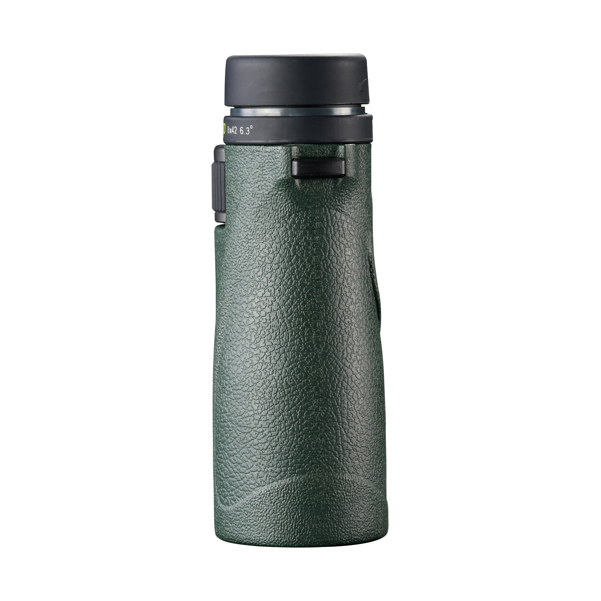 Un monocular verde y negro sobre fondo blanco. Tiene un agarre texturizado y una tapa negra.