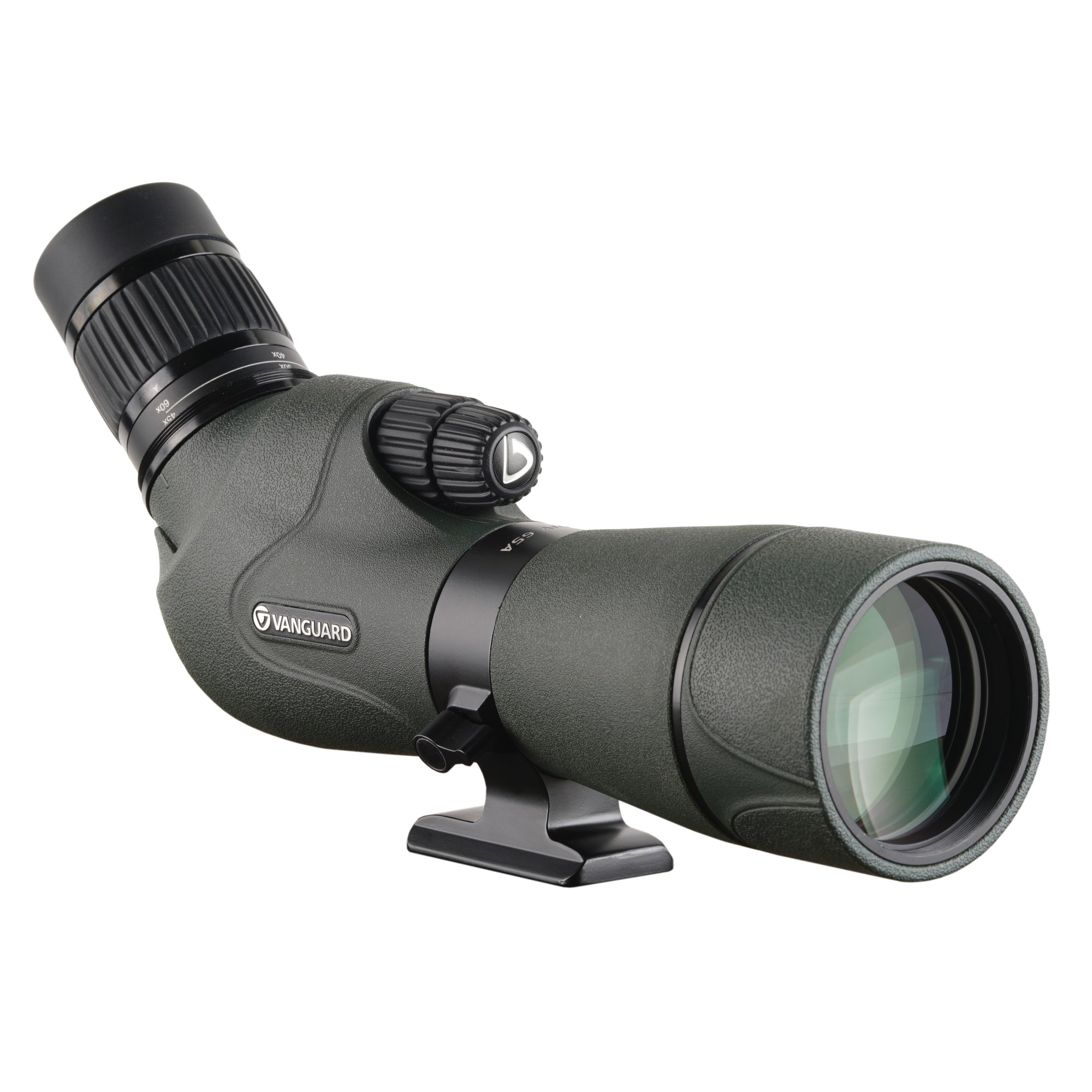 Un telescopio terrestre verde con detalles negros, con lente, perillas de ajuste y el logotipo de Vanguard, sobre fondo blanco.