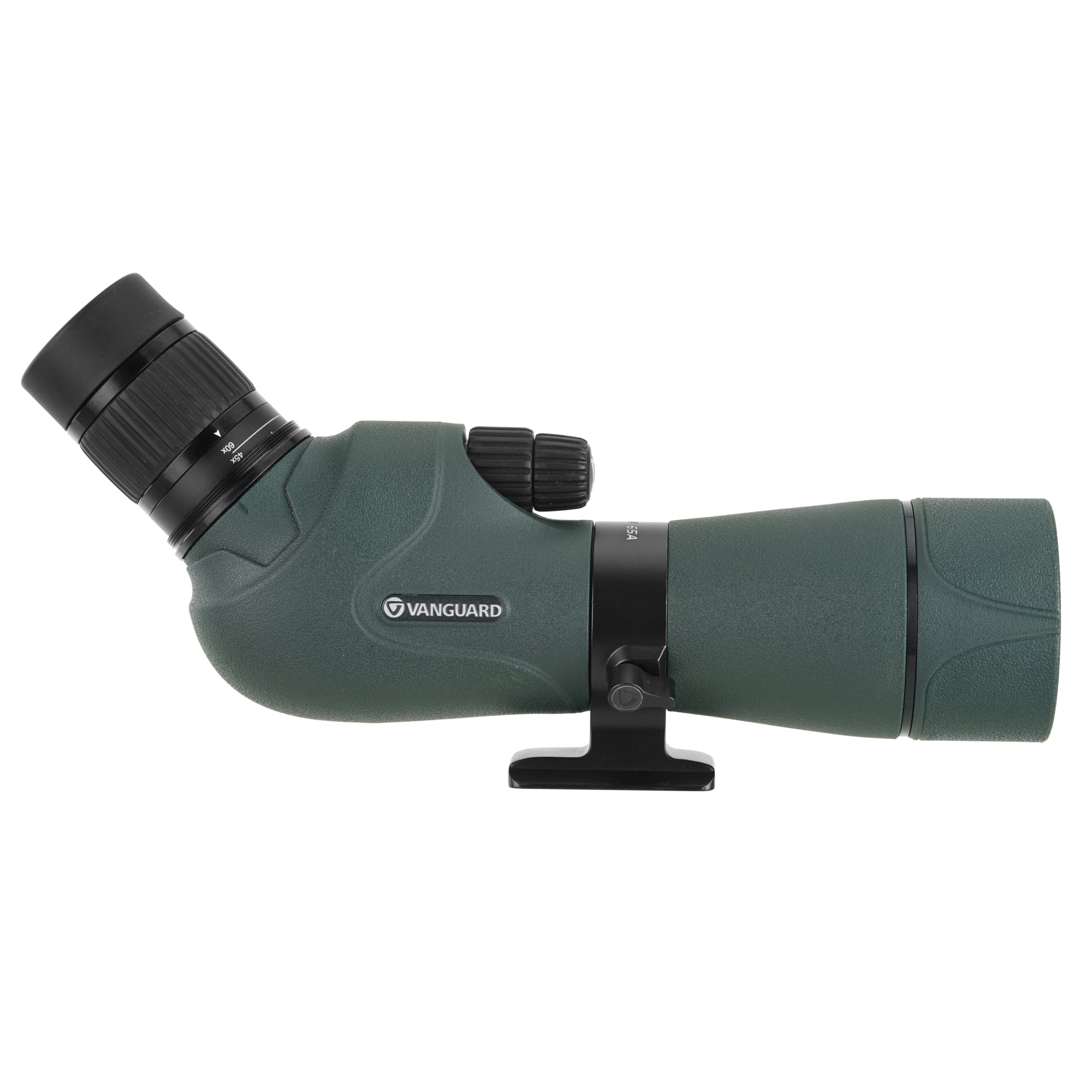 Un telescopio terrestre verde Vanguard con ocular y perillas de ajuste negras. Tiene una base negra para montar.