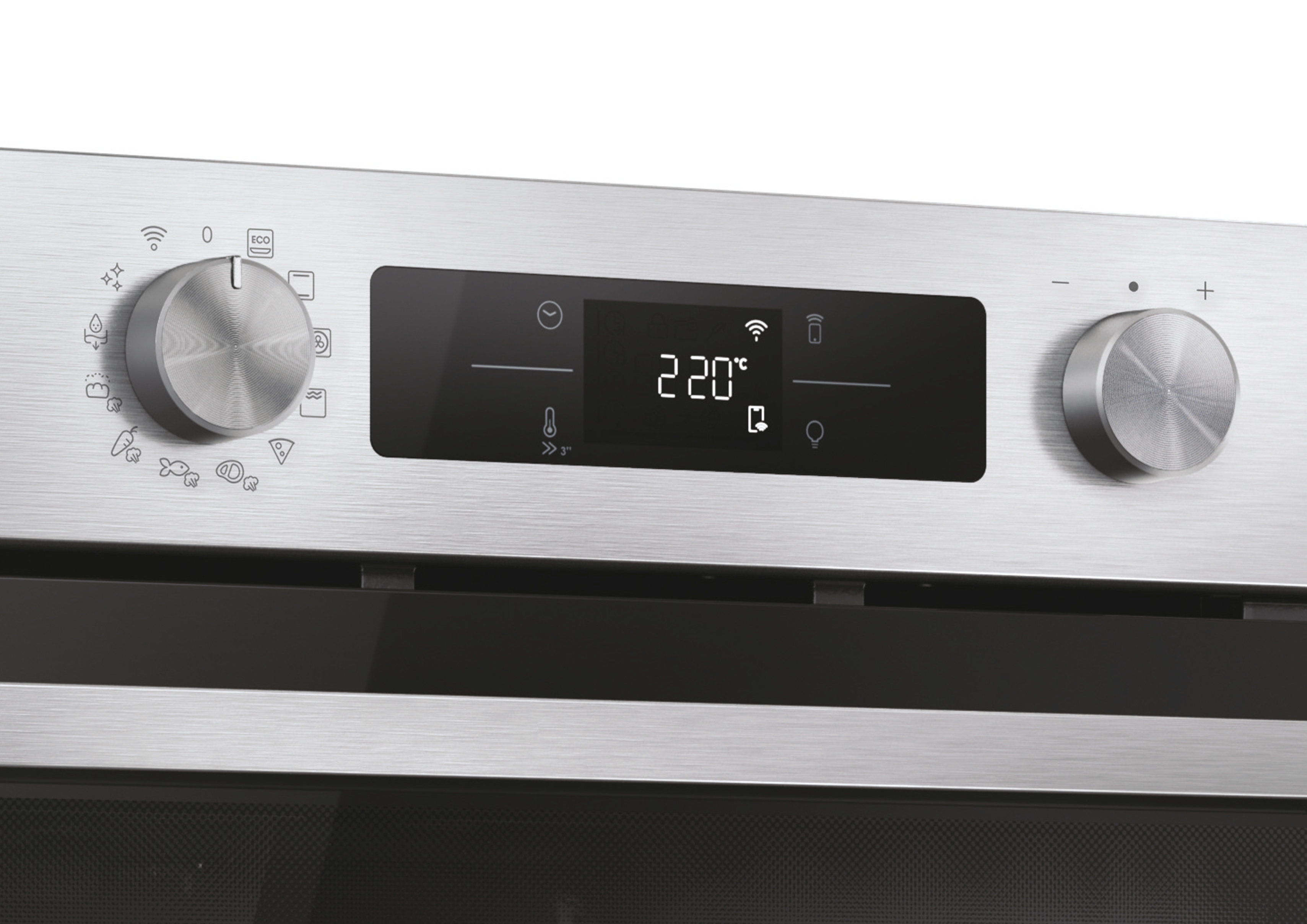 Backofen-Bedienfeld mit Knöpfen, Display mit 220°C, verschiedenen Symbolen und Edelstahloberfläche.