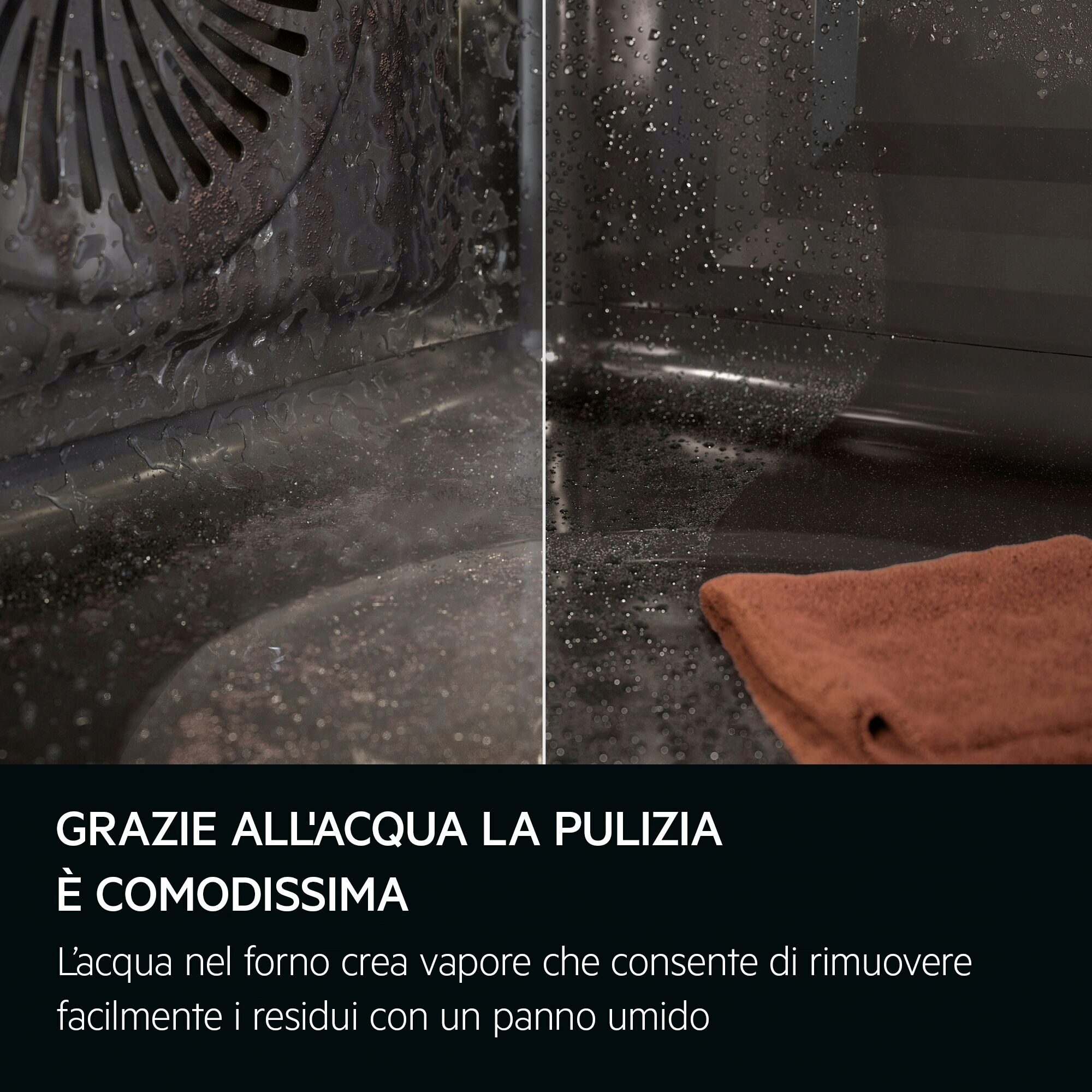Wnętrze piekarnika z kroplami wody. Brązowa szmatka po prawej. Tekst mówi: czyszczenie jest łatwe.