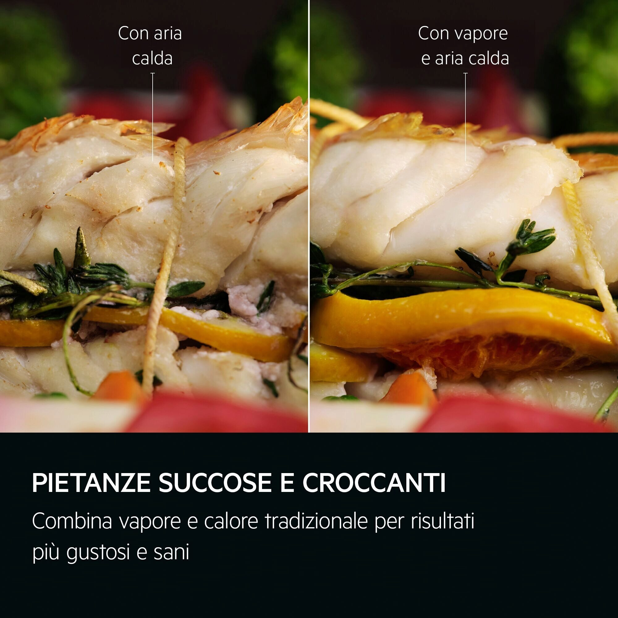 Zbliżenie gotowanej ryby z plasterkami cytryny i ziołami. Tekst: 'soczyste i chrupiące dania' oraz 'łączy parę i ciepło'.