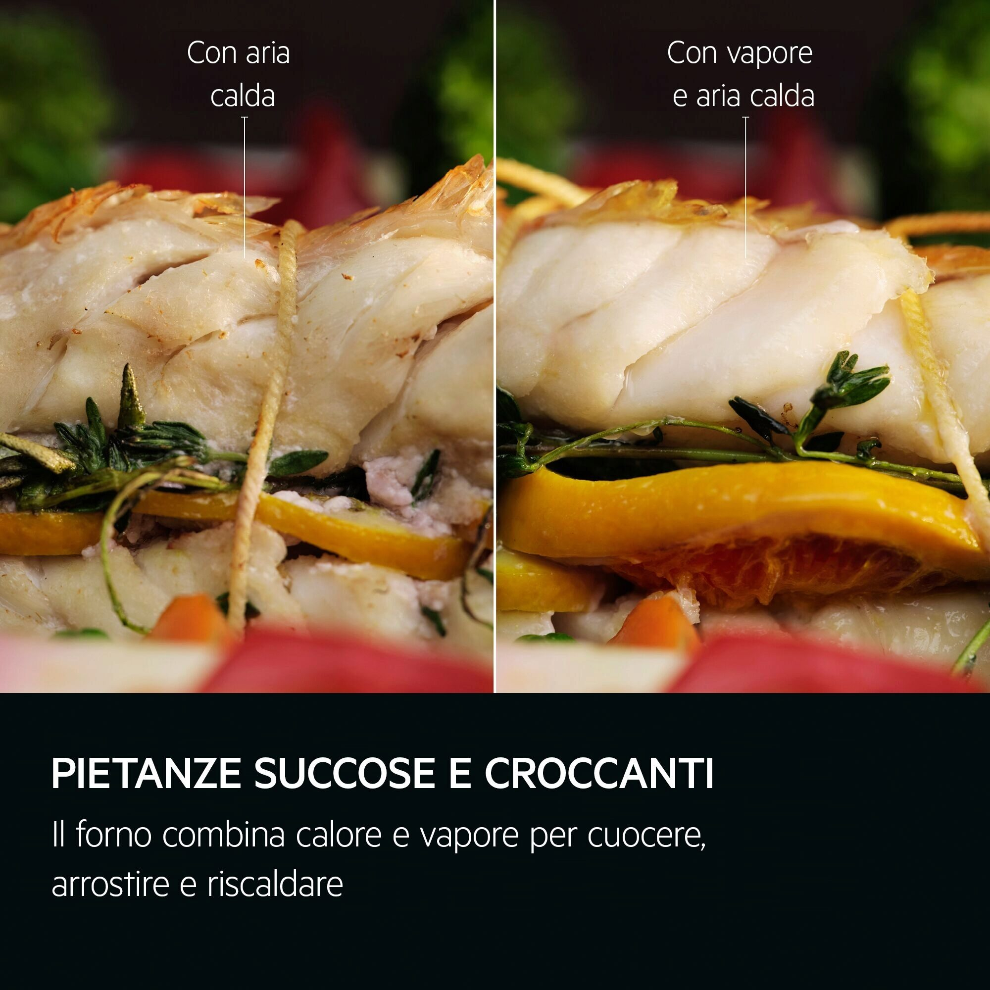 Zbliżenie gotowanego jedzenia, być może ryby, z ziołami i plasterkami cytryny. Tekst brzmi: Soczyste i chrupiące dania.