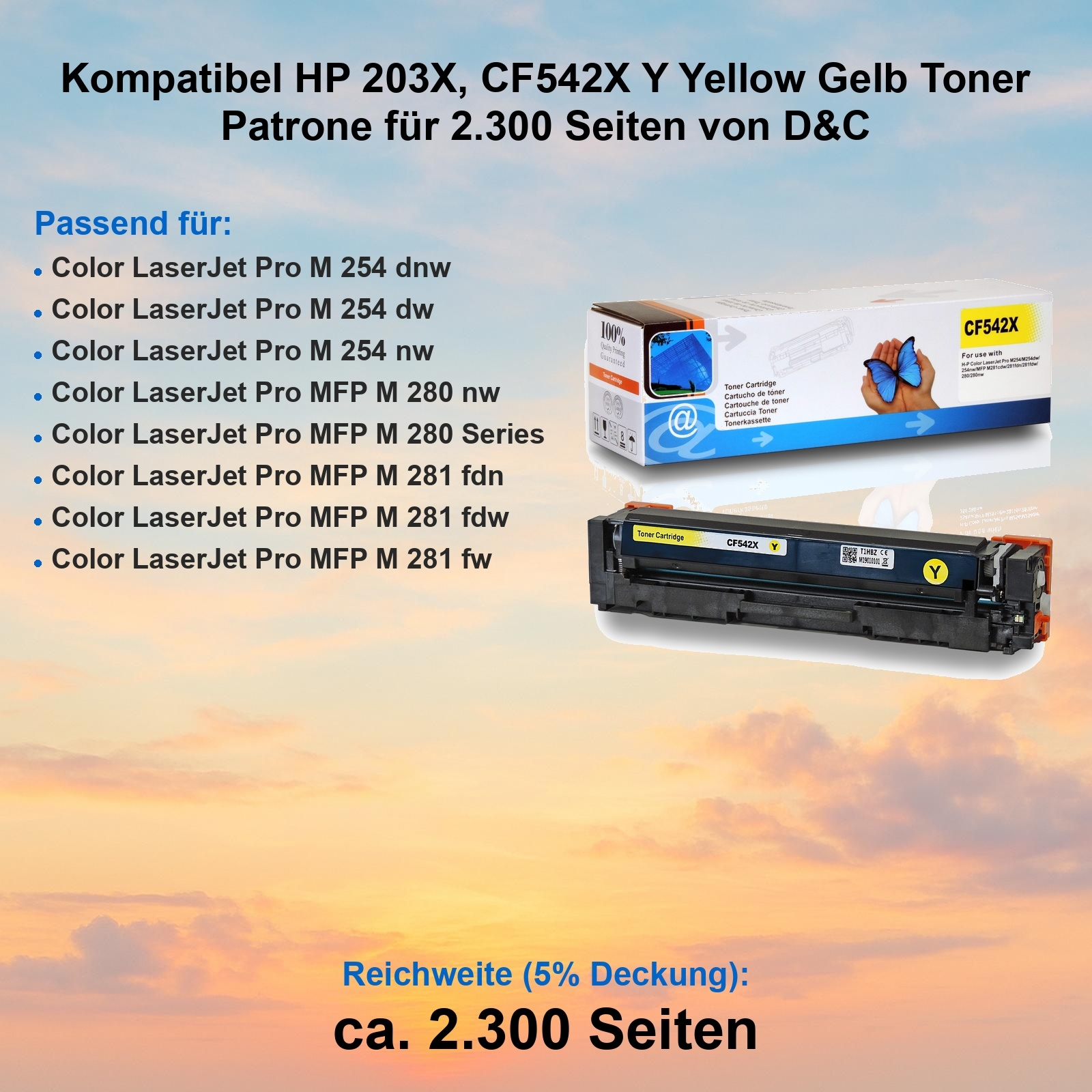 Das Bild zeigt eine gelbe Tonerkartusche, eine Schachtel und Kompatibilitätsinformationen. Die Patrone ist mit CF542X beschriftet.