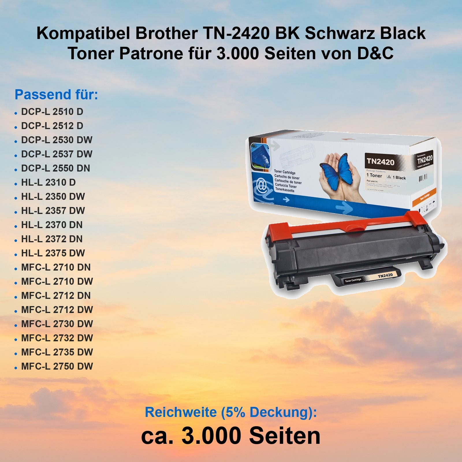 Eine schwarze Brother TN-2420-Tonerpatrone mit rot-schwarzem Design, präsentiert vor einem Himmelshintergrund.