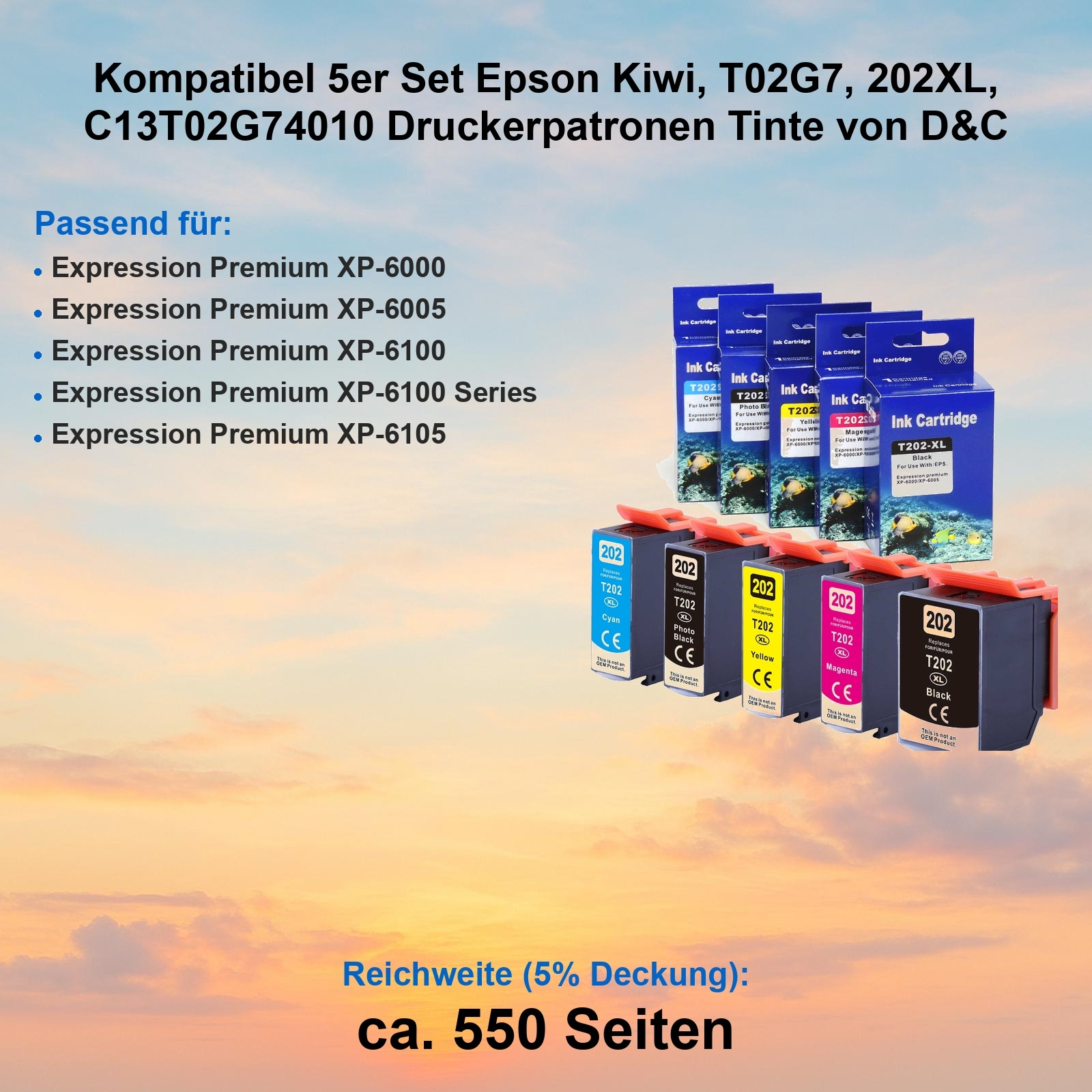 Bild zeigt Tintenpatronen für Epson-Drucker, verschiedene Farben, mit Produktdetails. Hintergrund: Himmel.