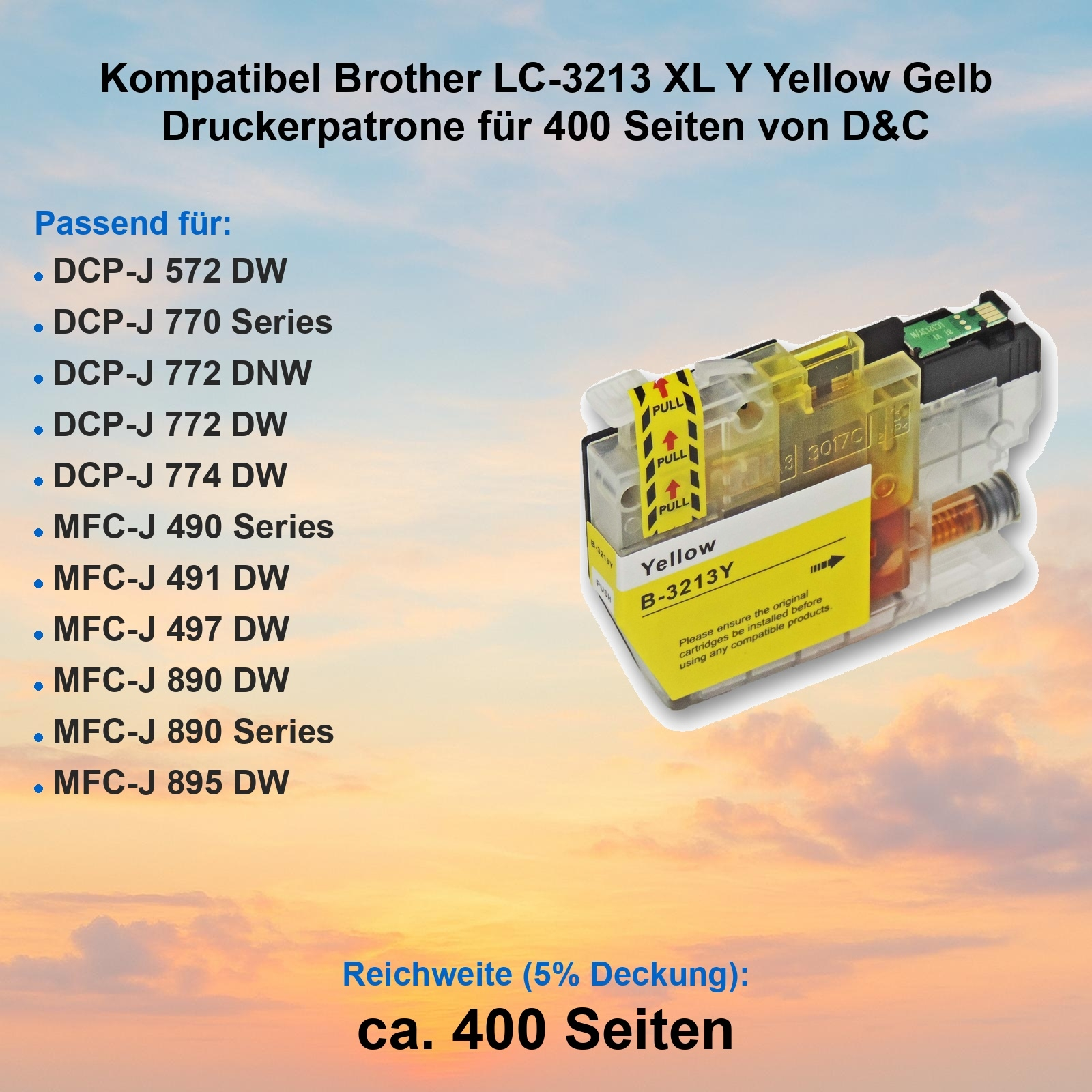 Gelbe Tintenpatrone für Brother-Drucker. Enthält Produktnamen, Kompatibilitätsliste und Seitenleistung.