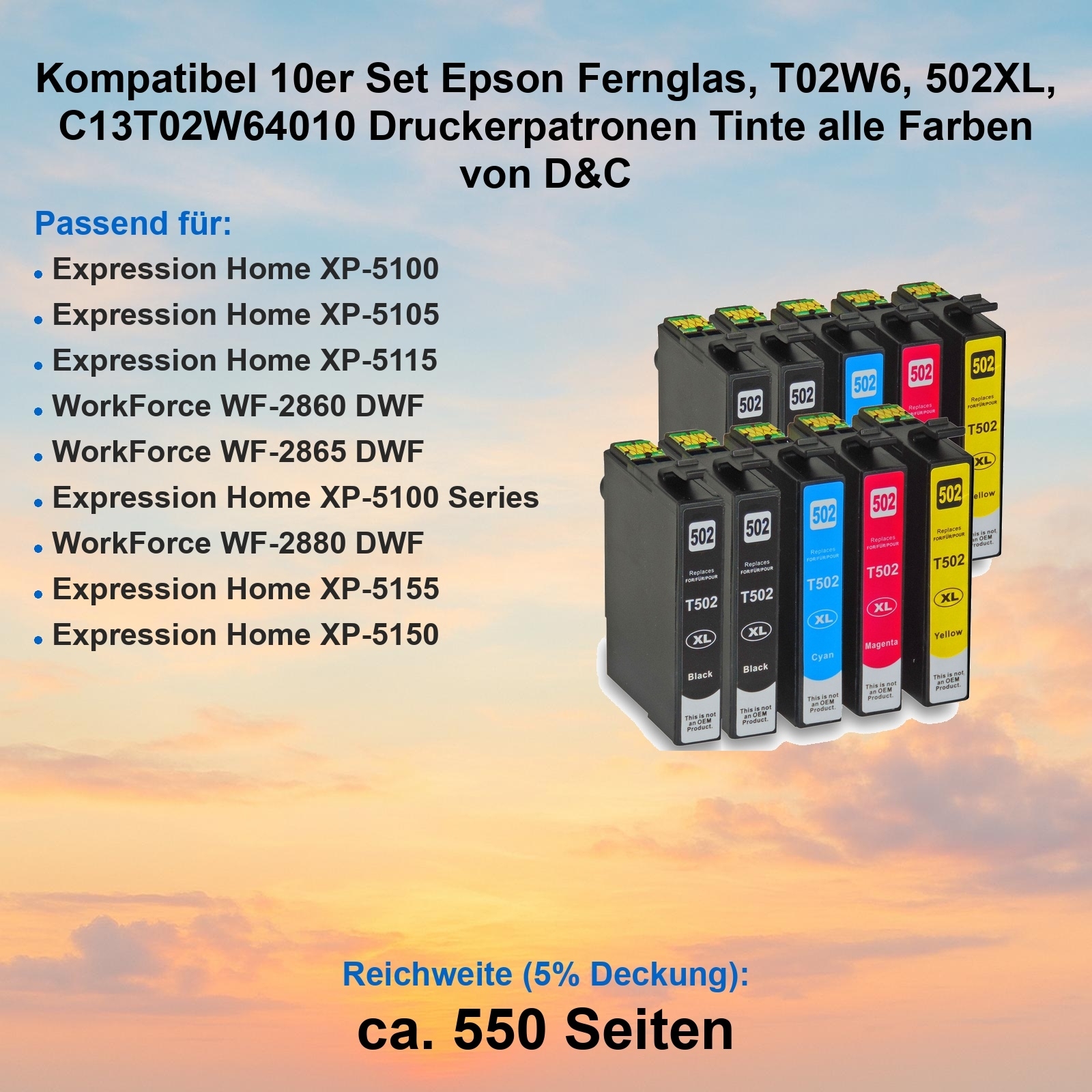 Das Bild zeigt Druckerpatronen in Schwarz, Cyan, Magenta und Gelb, mit Text, der die Kompatibilität und Seitenzahl angibt.