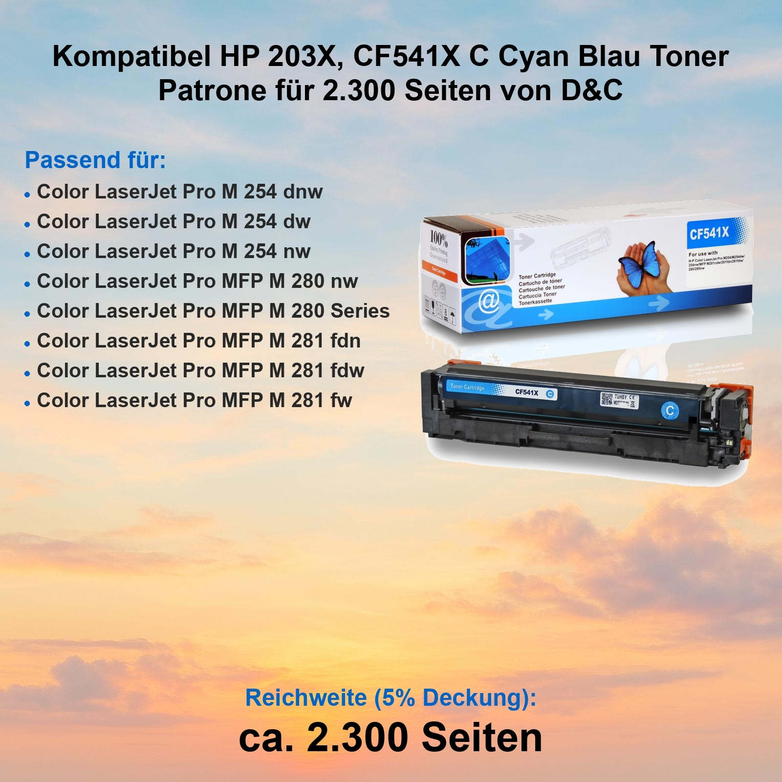 Das Bild zeigt eine Druckertonerkartusche mit Text, Produktdetails und einer Box. Die Patrone ist blau und schwarz.