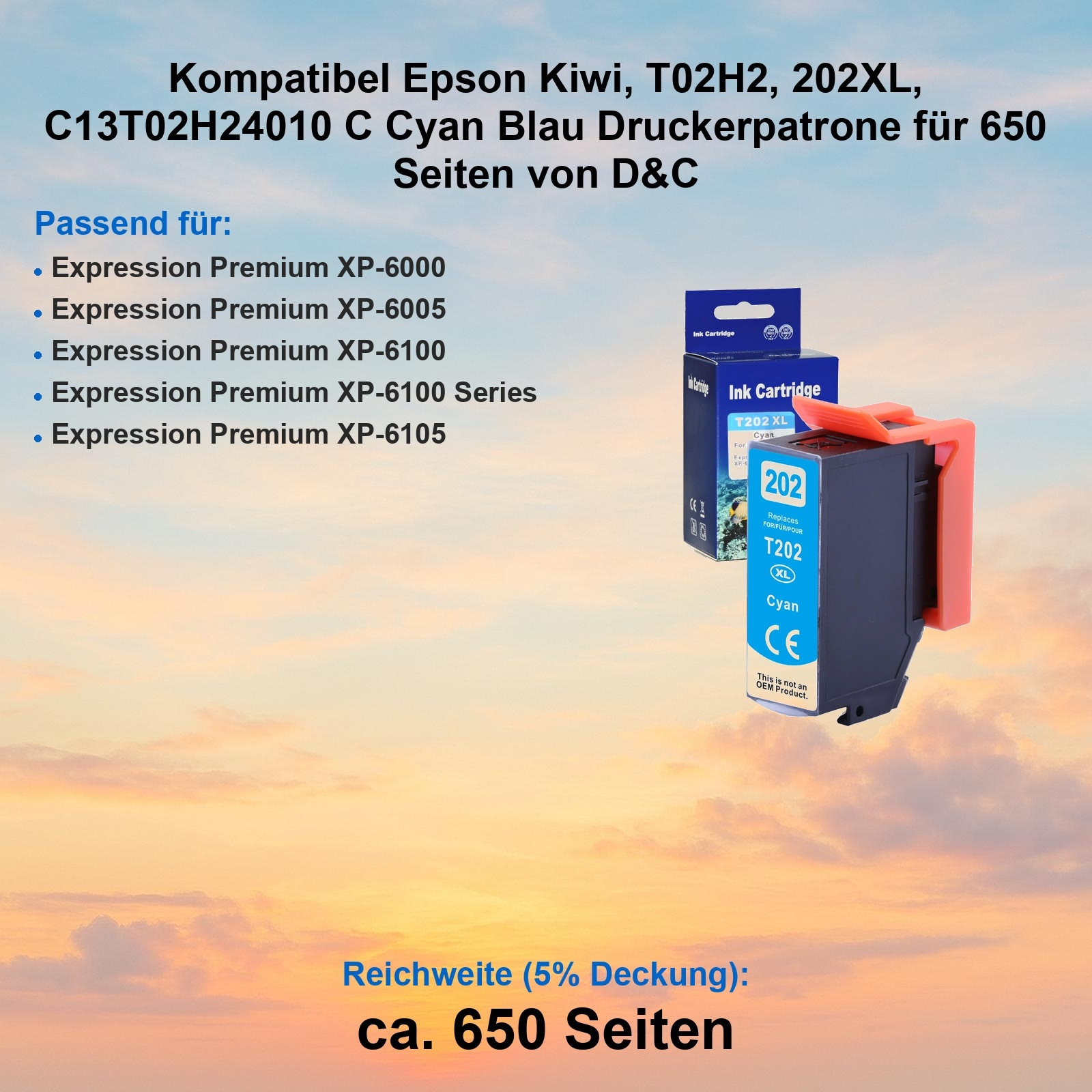 Eine Epson-Tintenpatrone in einer Schachtel mit Text. Die Patrone ist schwarz und cyanfarben.