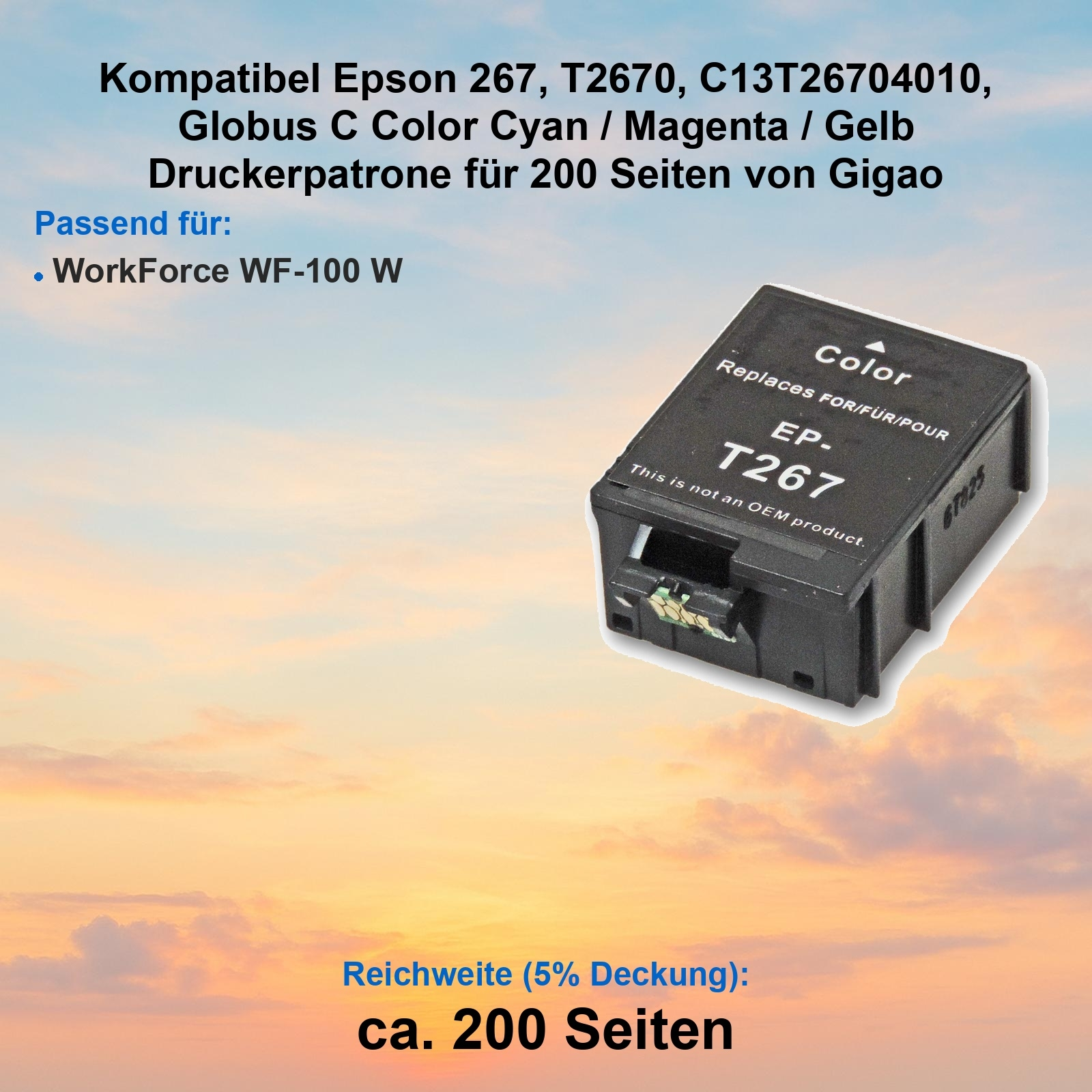 Schwarze Tintenpatrone. Text darauf: 'Color', 'EP-T267' und 'This is not an OEM product'. Hintergrund ist ein bewölkter Himmel.