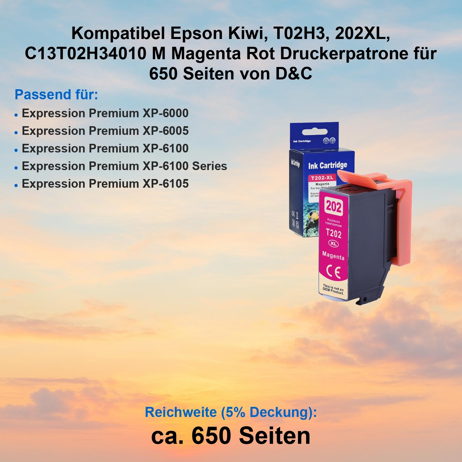 Magenta Tintenpatrone mit einer Box, Text auf Deutsch und eine Liste von Druckermodellen.