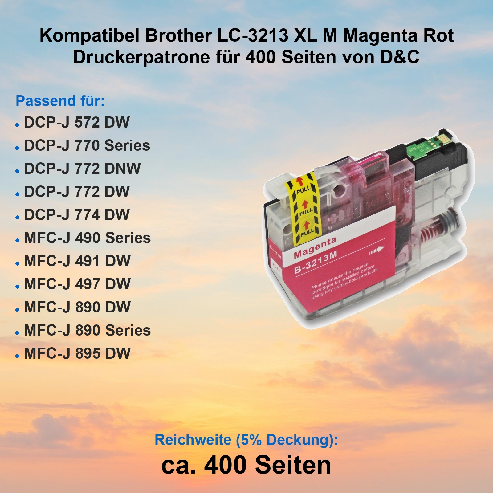 Magenta-Tintenpatrone für Brother-Drucker, mit 'PULL'-Anweisungen. Enthält Kompatibilitätsliste und Text 'ca. 400 Seiten'.