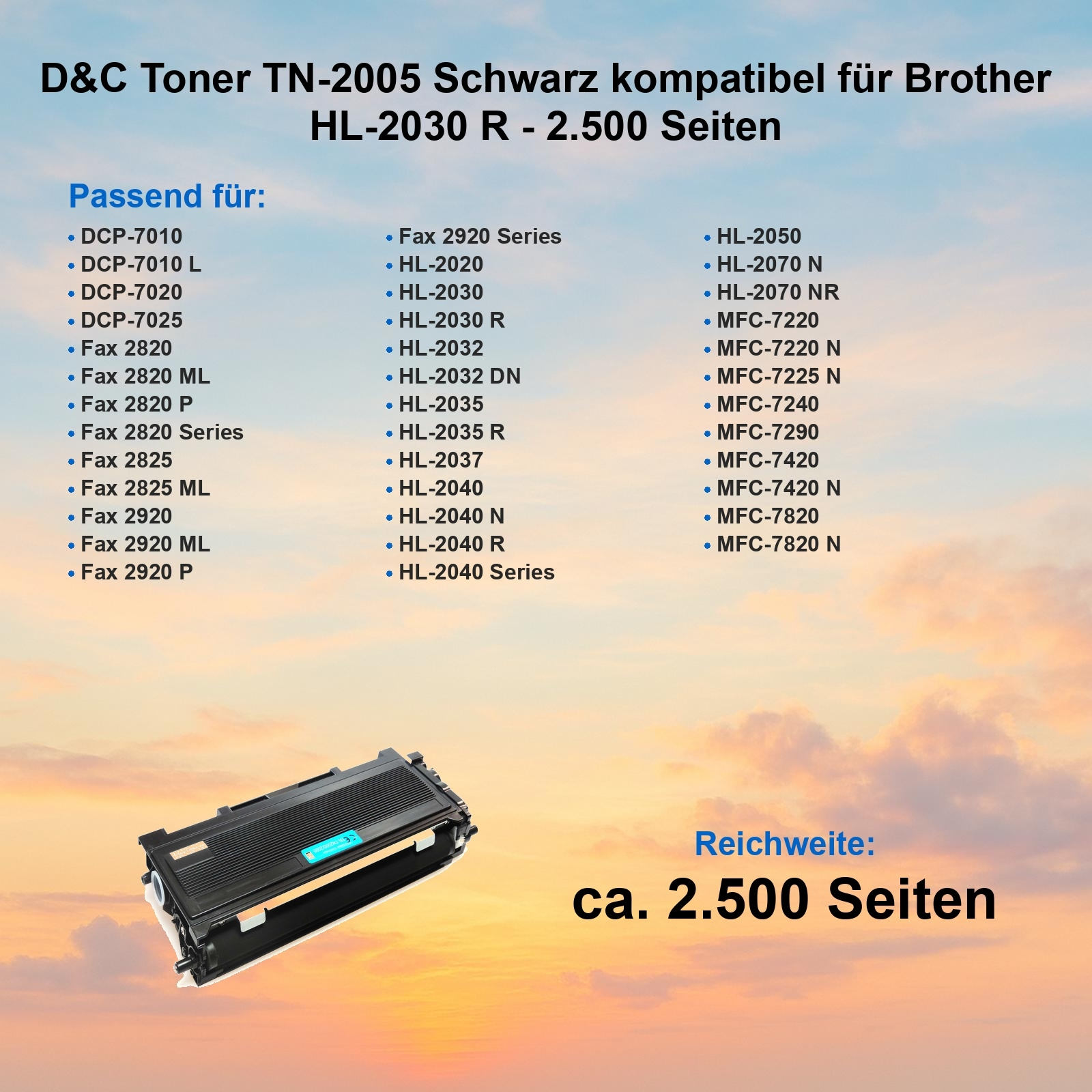 Schwarze Tonerkartusche mit blauem Etikett. Text listet kompatible Brother-Druckermodelle und Seitenleistung: ca. 2.500 Seiten.