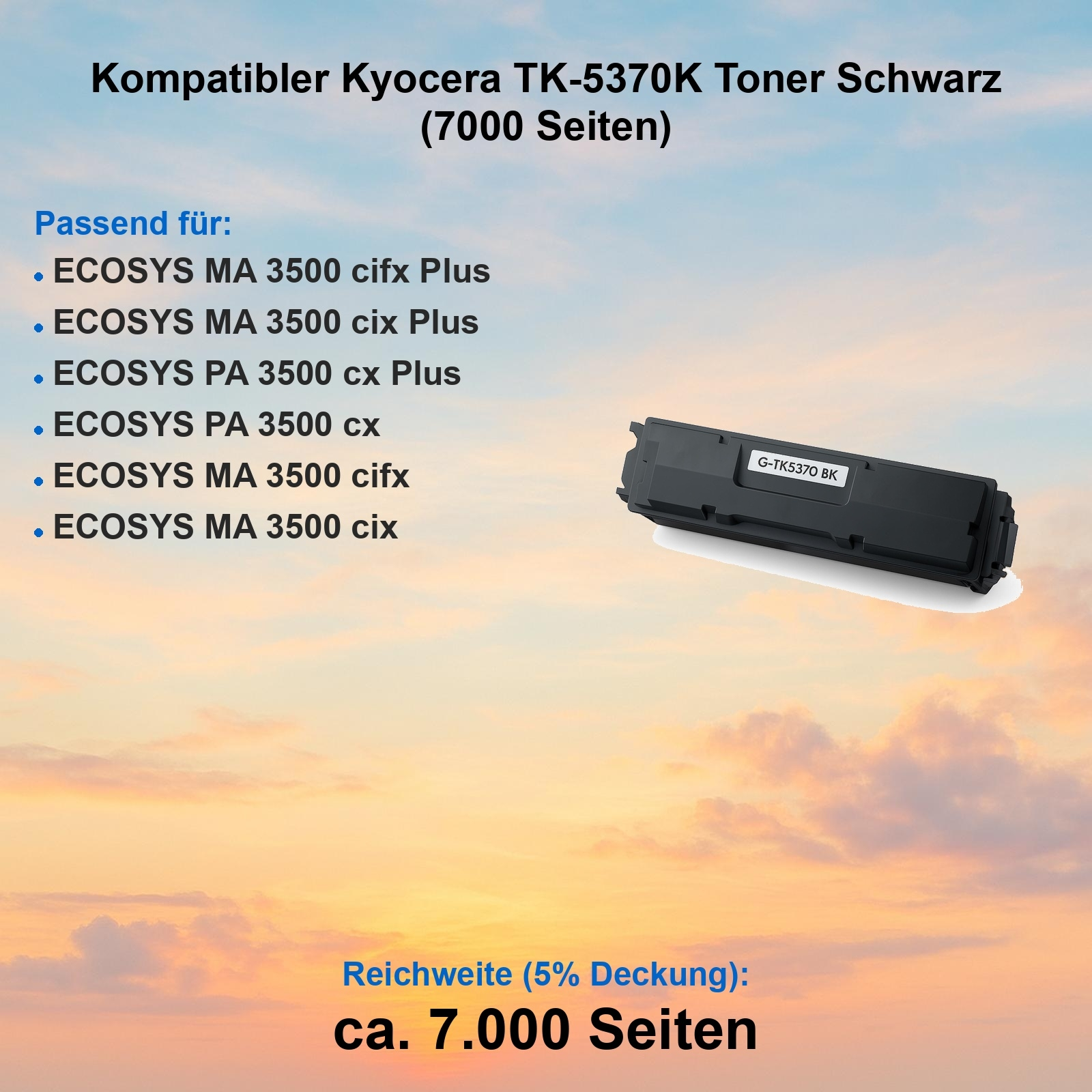Schwarze Tonerkartusche für Kyocera-Drucker mit Produktdetails und Kompatibilitätsliste. Der Hintergrund ist ein bewölkter Himmel.