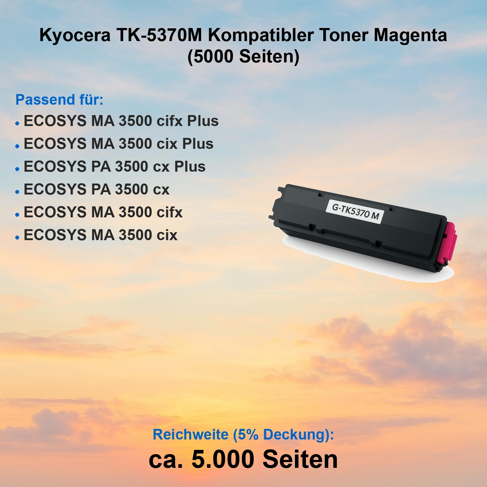 Das Bild zeigt eine schwarze und rosa Tonerkartusche mit Text, der kompatible Drucker und Seitenzahl auflistet, vor einem Himmelshintergrund.