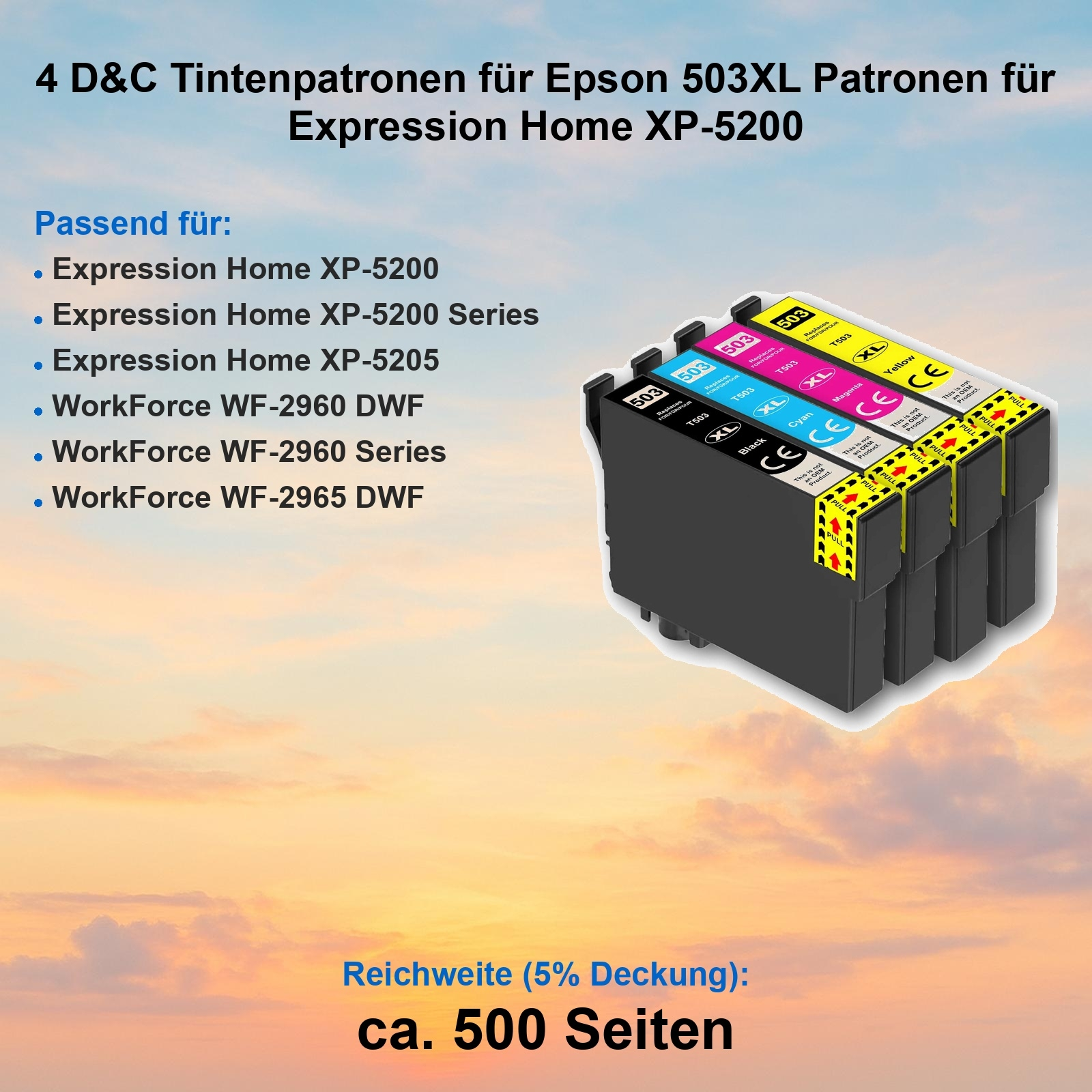 Das Bild zeigt Epson 503XL Tintenpatronen in Schwarz, Cyan, Magenta und Gelb. Textdetails zu kompatiblen Druckermodellen.