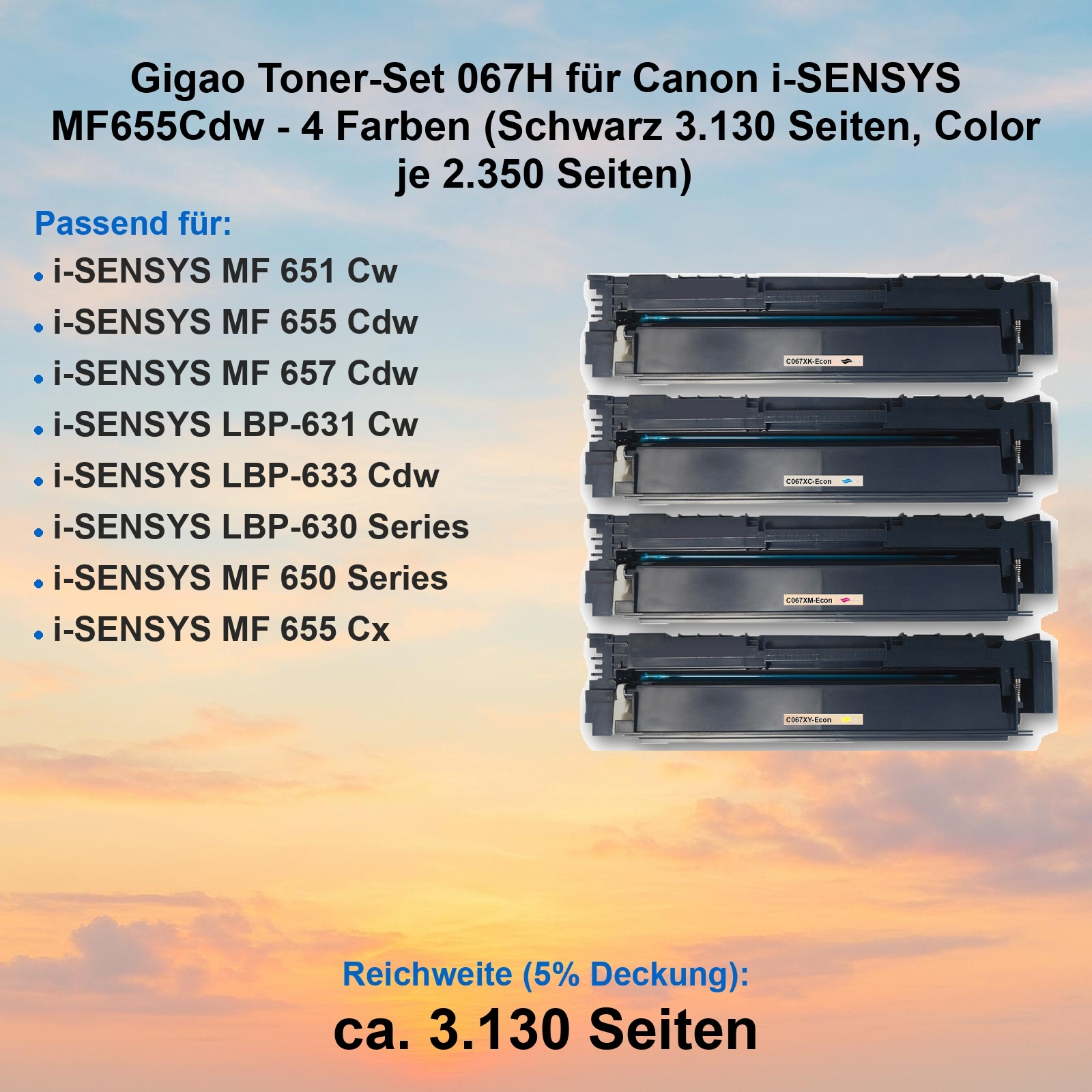 Toner-Set für Canon i-SENSYS-Drucker. Enthält vier schwarze Patronen und eine Reichweite von ca. 3.130 Seiten.
