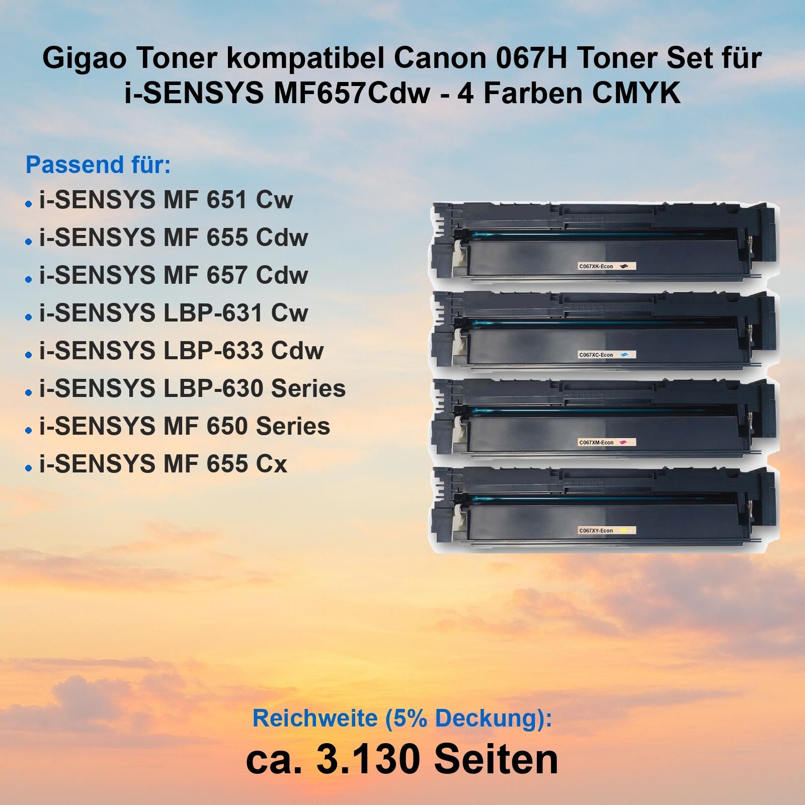 Das Bild zeigt kompatible Tonerkartuschen für Canon-Drucker. Textdetails Modelle und Seitenausbeute. Patronen sind schwarz mit Farbetiketten.