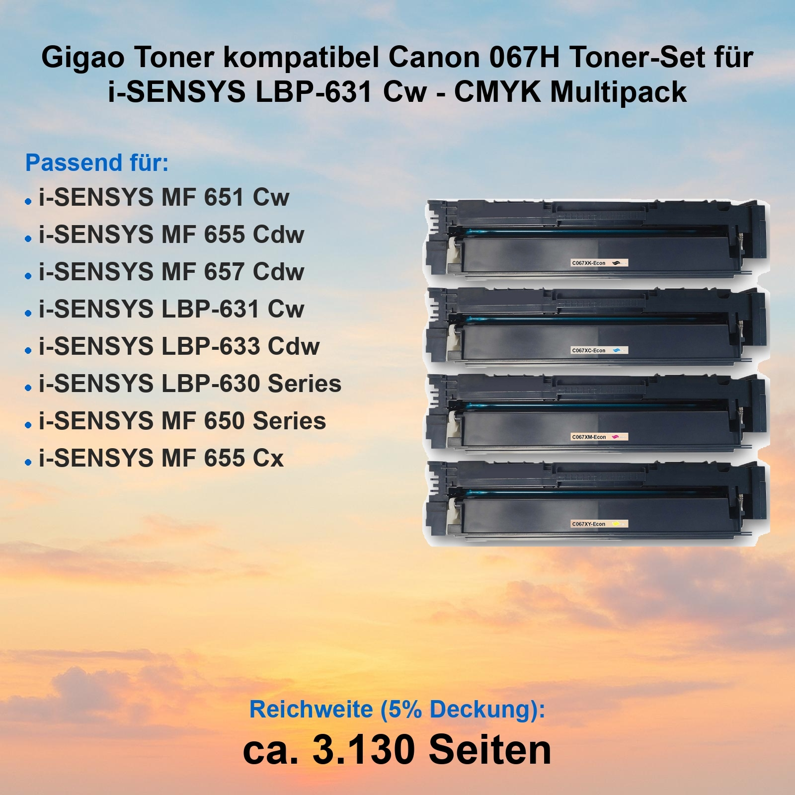 Ein Tonerset für Canon-Drucker. Enthält vier schwarze Tonerkartuschen. Text auf dem Bild. Weißer Hintergrund.