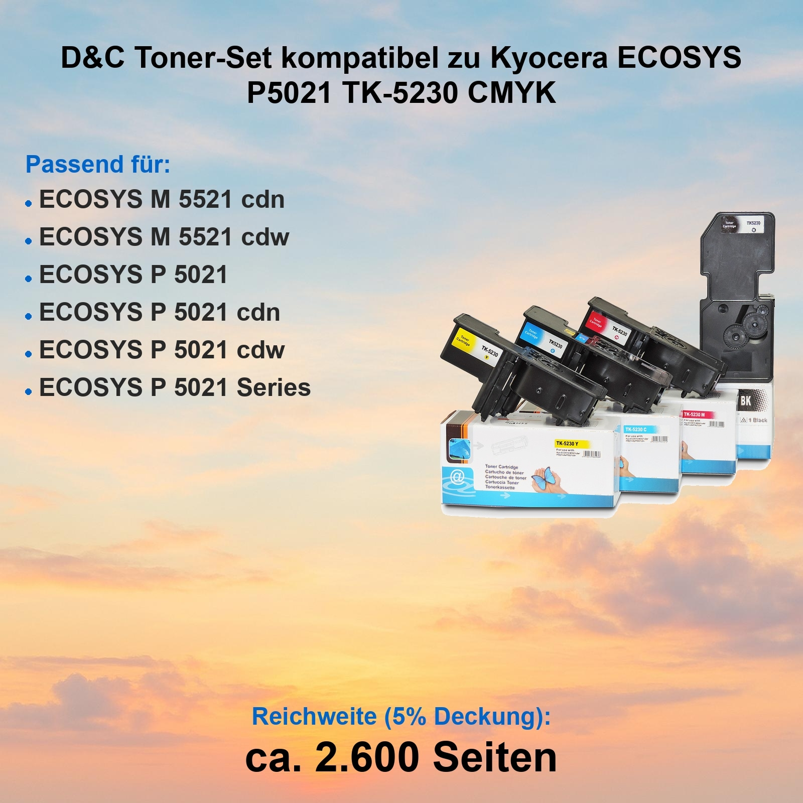 Tonerkartuschen für Kyocera-Drucker. Das Bild zeigt vier Patronen mit Boxen und Details zum Toner.