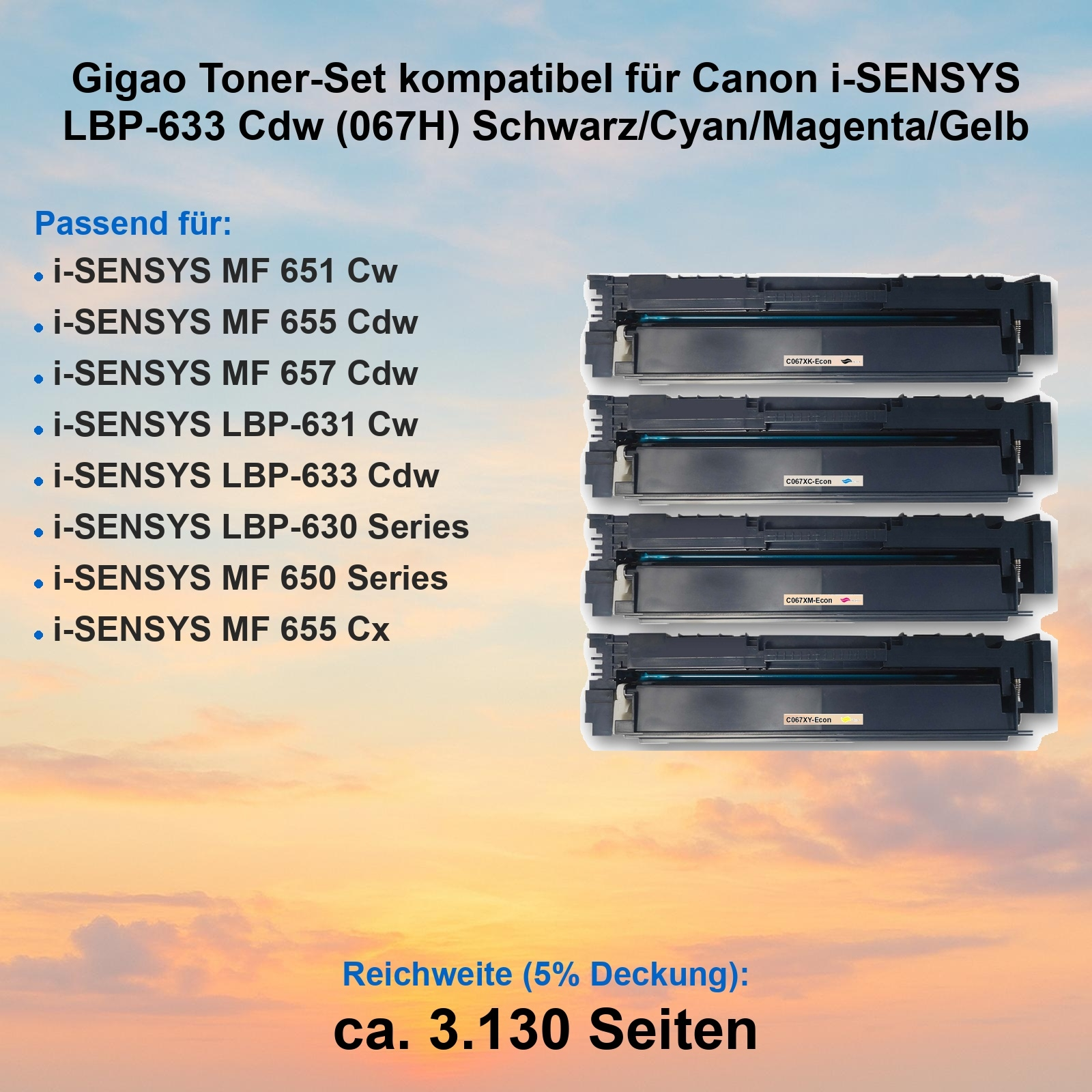 Toner-Set für Canon-Drucker. Enthält schwarze, cyanfarbene, magentafarbene und gelbe Patronen. Das Bild zeigt auch die Druckermodelle.