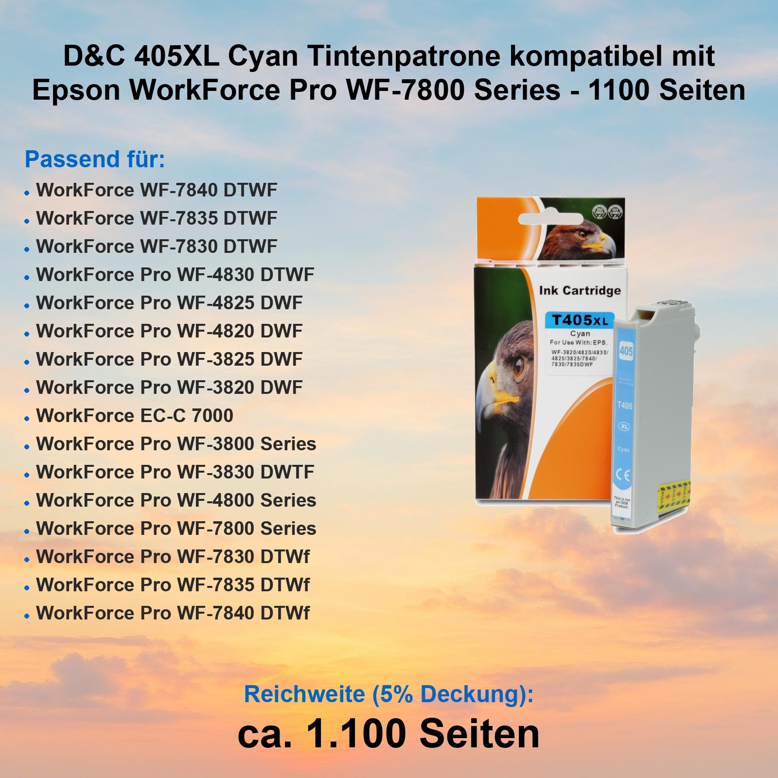 Abgebildet sind eine cyanfarbene Tintenpatronenbox und -patrone. Text listet Druckermodelle und Details auf.
