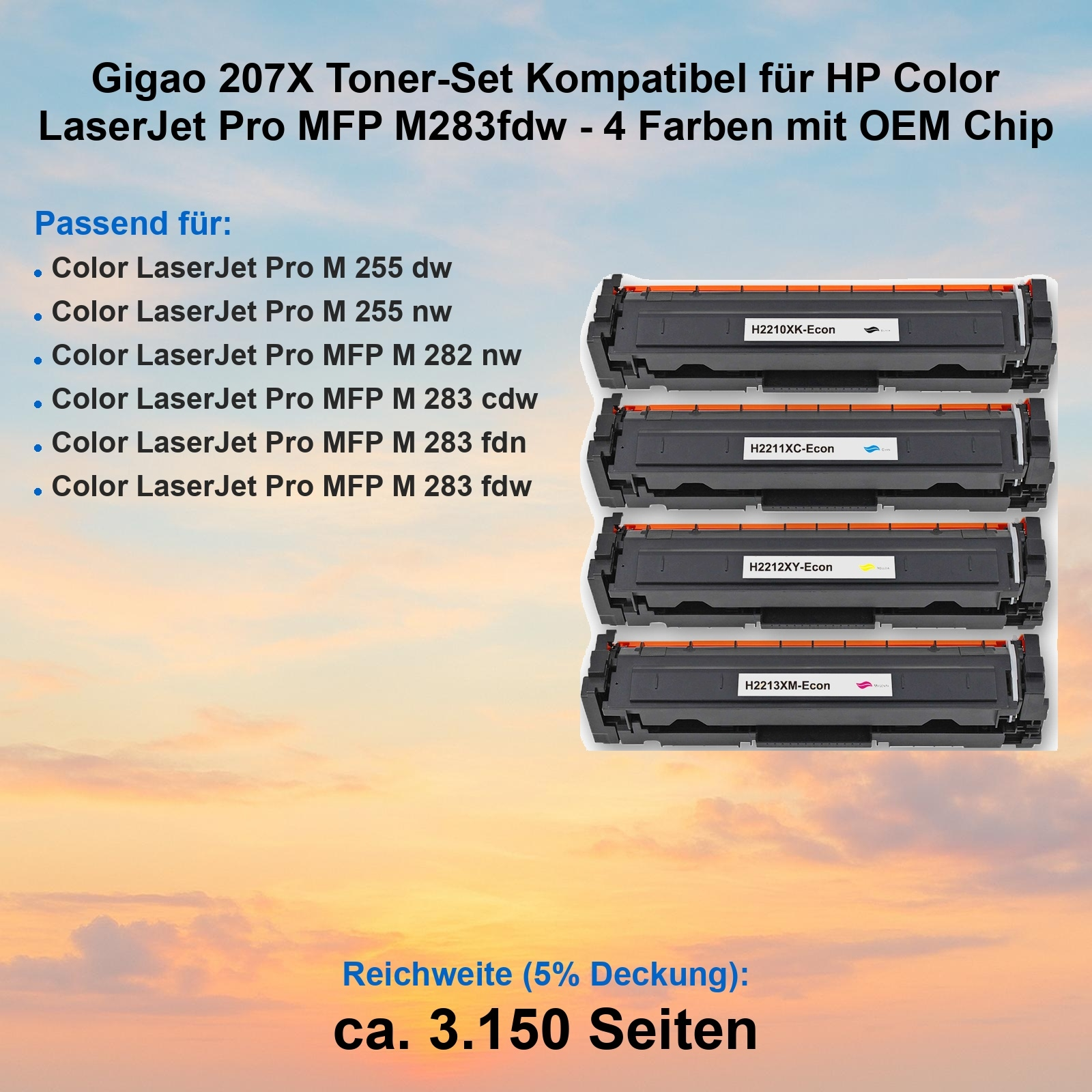 Das Bild zeigt vier schwarze Tonerkartuschen mit orangefarbenen Akzenten, die für HP Color LaserJet-Drucker gekennzeichnet sind.