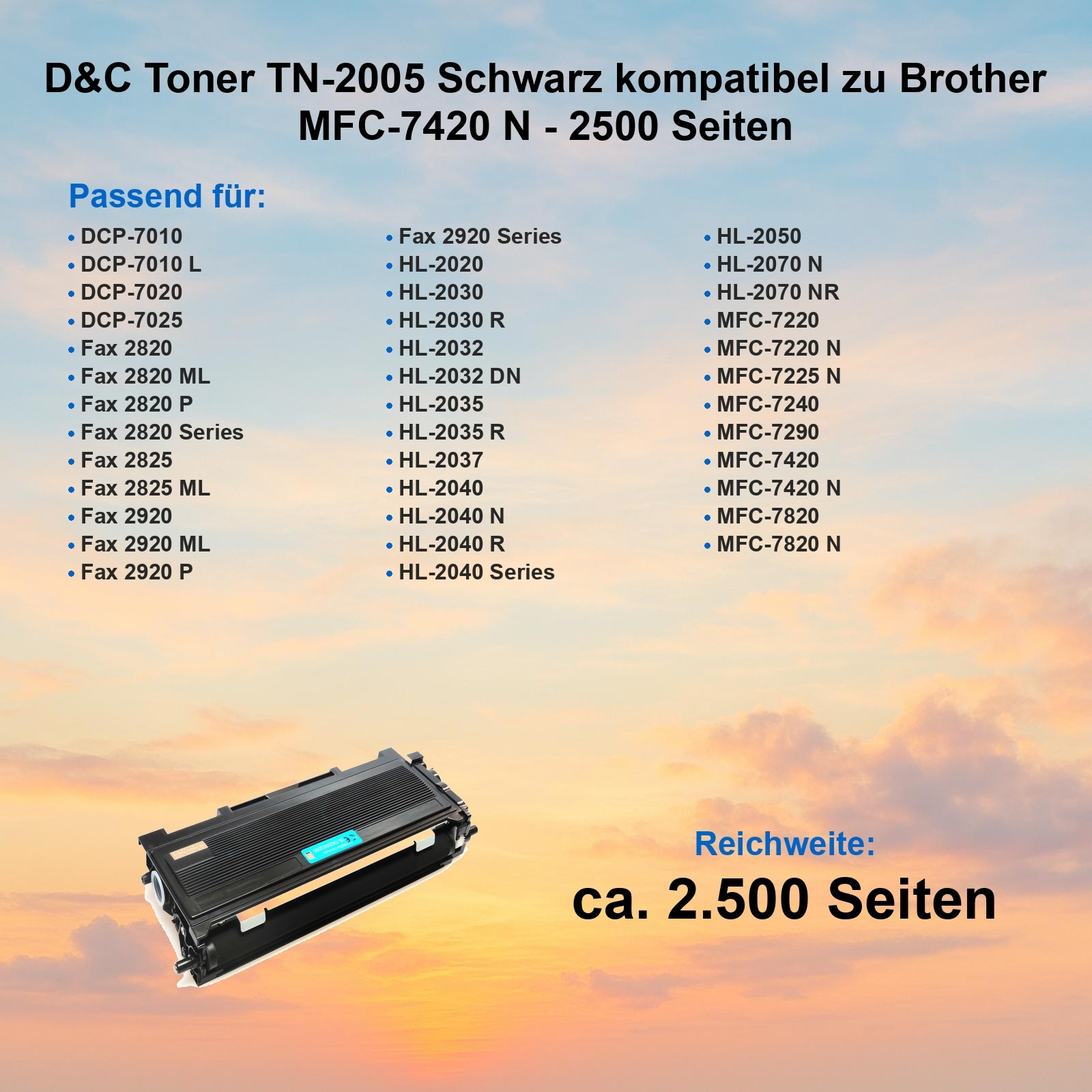 Eine schwarze Tonerkartusche mit blauem Etikett wird angezeigt. Text listet kompatible Druckermodelle und Seitenzahl.