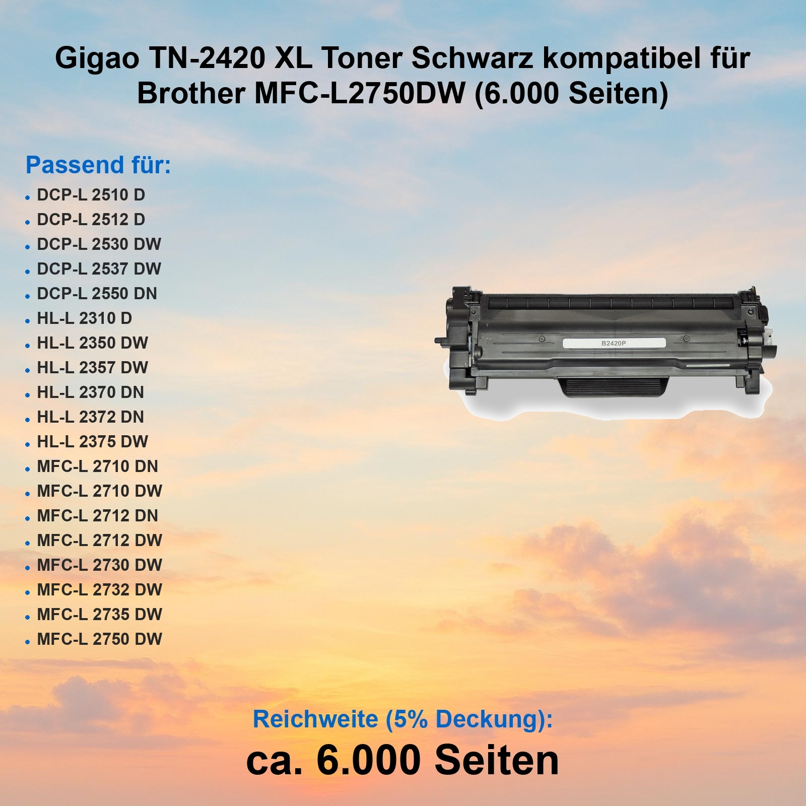 Schwarze Tonerkartusche mit Produktdetails auf Gradientenhintergrund. Text listet kompatible Druckermodelle.