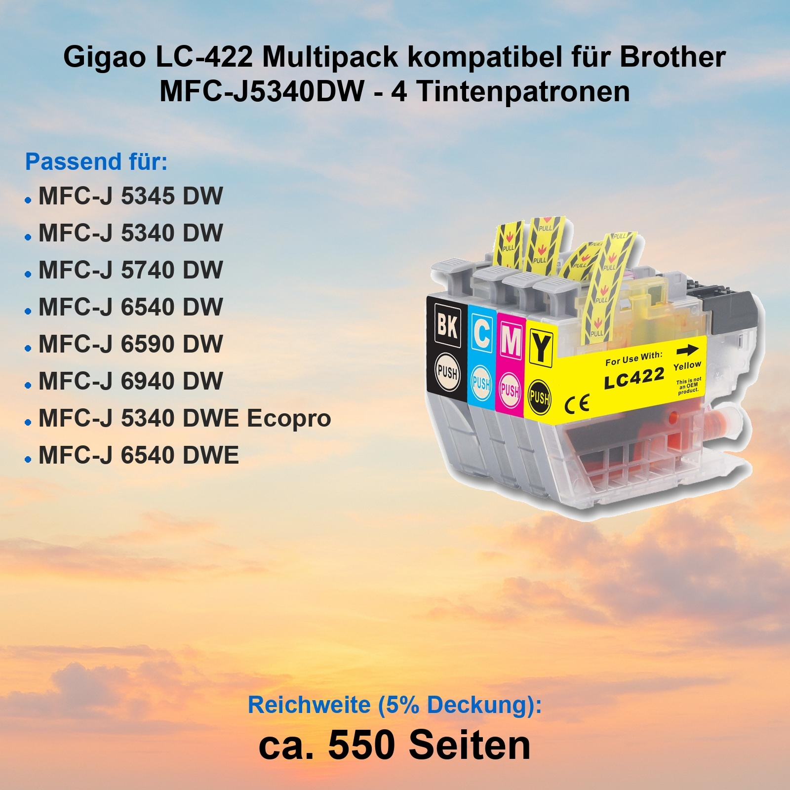 Tintenpatronen für Brother-Drucker. Enthält schwarze, cyanfarbene, magentafarbene und gelbe Patronen. Der Text lautet 'LC422'.