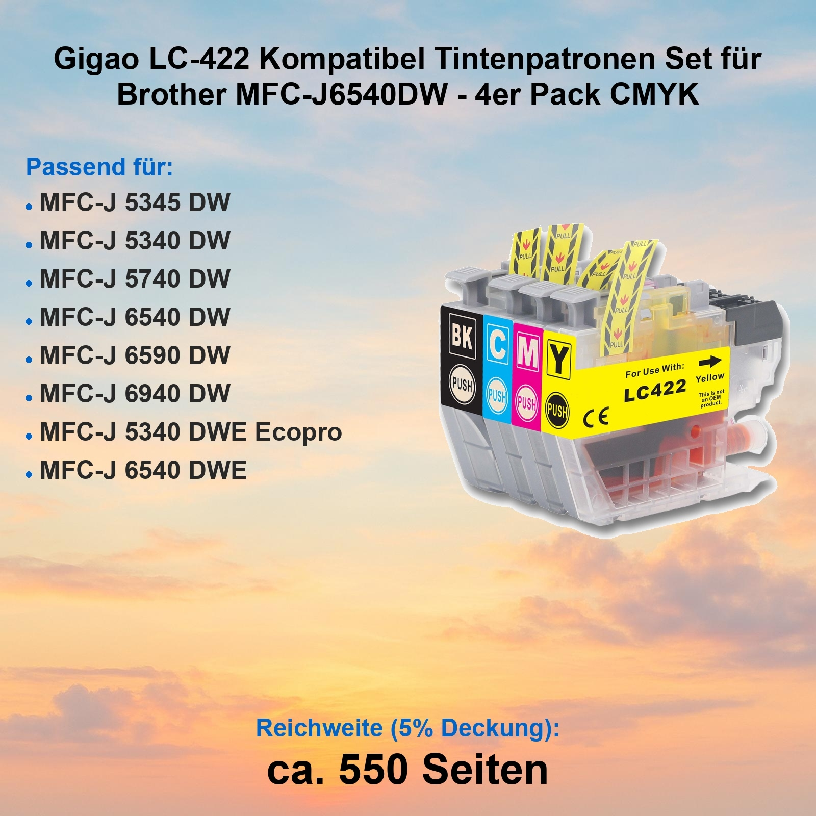 Tintenpatronenpackung mit BK-, CMY-Farben. Text sagt, kompatibel mit Brother-Druckern. Enthält Details zur Seitenausbeute.