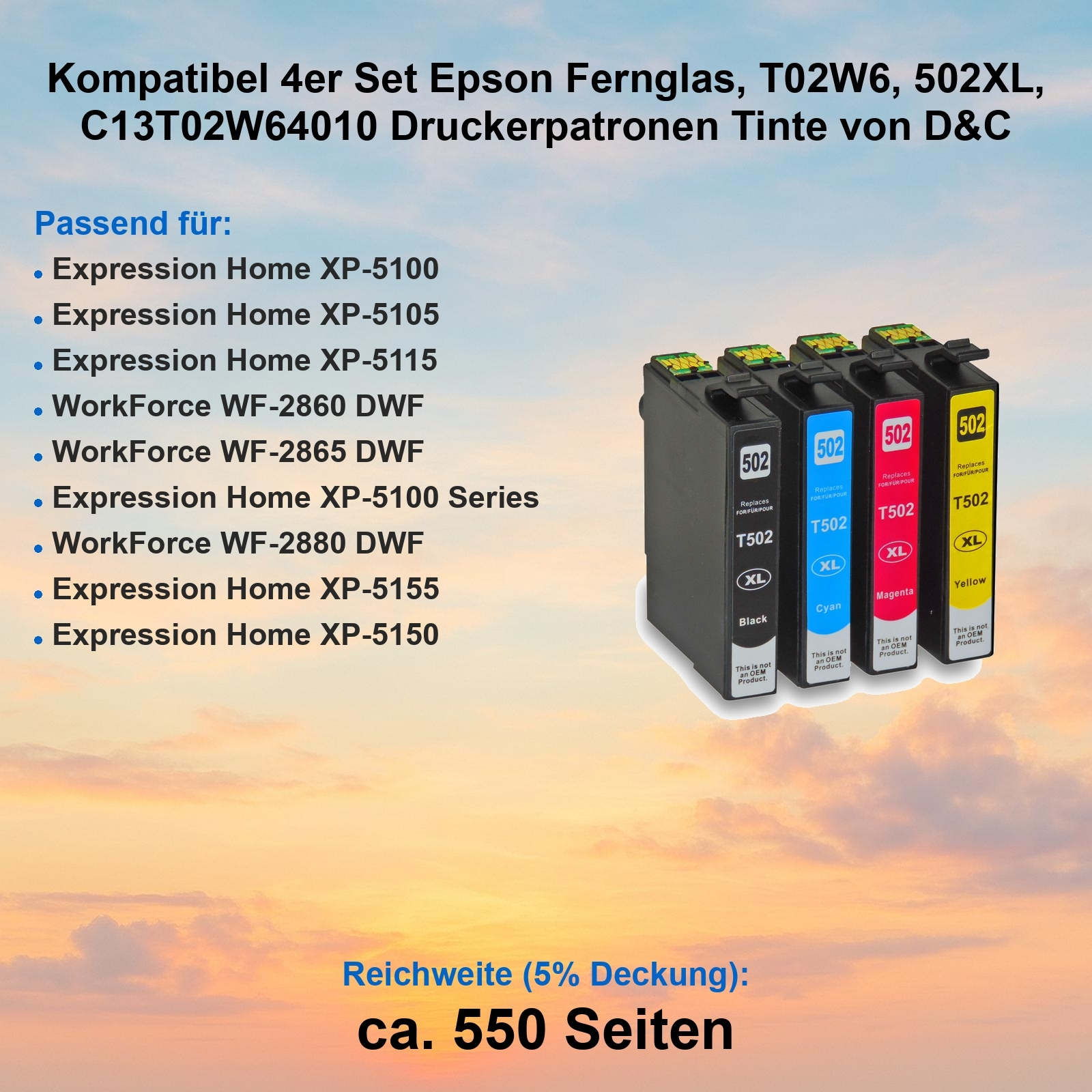 Das Bild zeigt ein Set von Druckerpatronen. Sie sind schwarz, cyan, magenta und gelb. Der Text listet kompatible Druckermodelle auf.