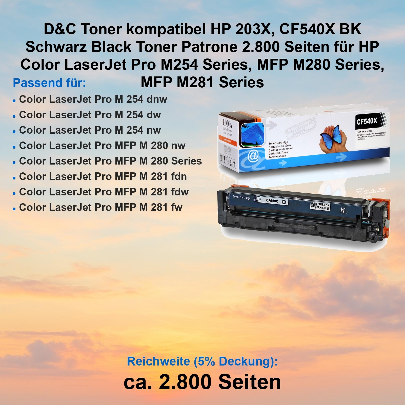 Das Bild zeigt eine Tonerkartuschenbox und -kartusche, schwarz und blau, mit Text über Kompatibilität und Seitenausbeute.