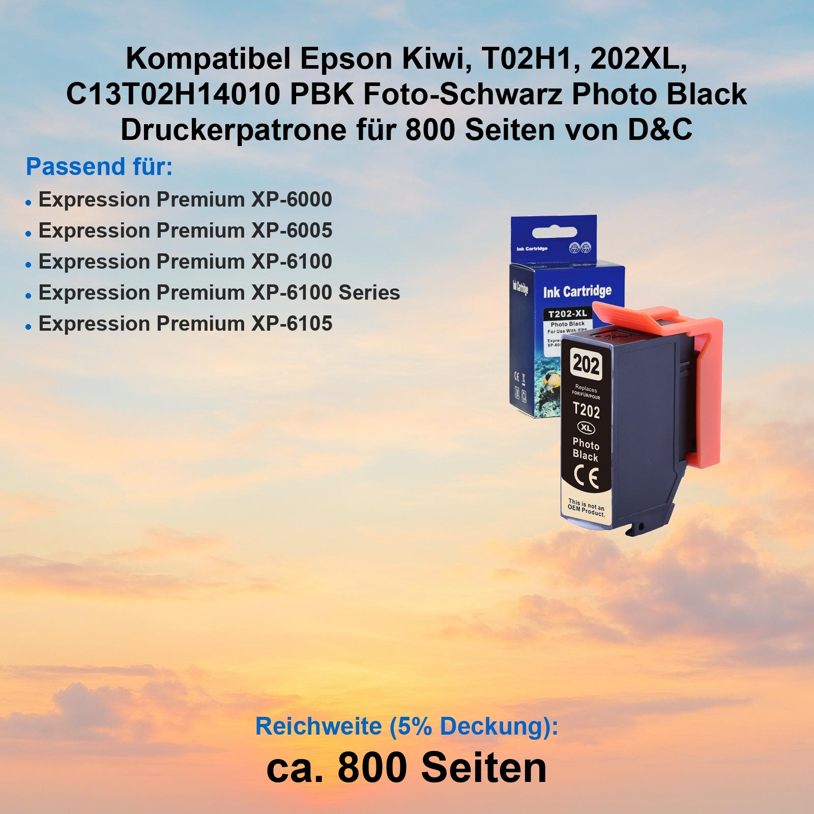 Eine Tintenpatrone für Epson-Drucker. Die Patrone ist schwarz und orange mit einem blauen Kasten im Hintergrund. Text ist enthalten.