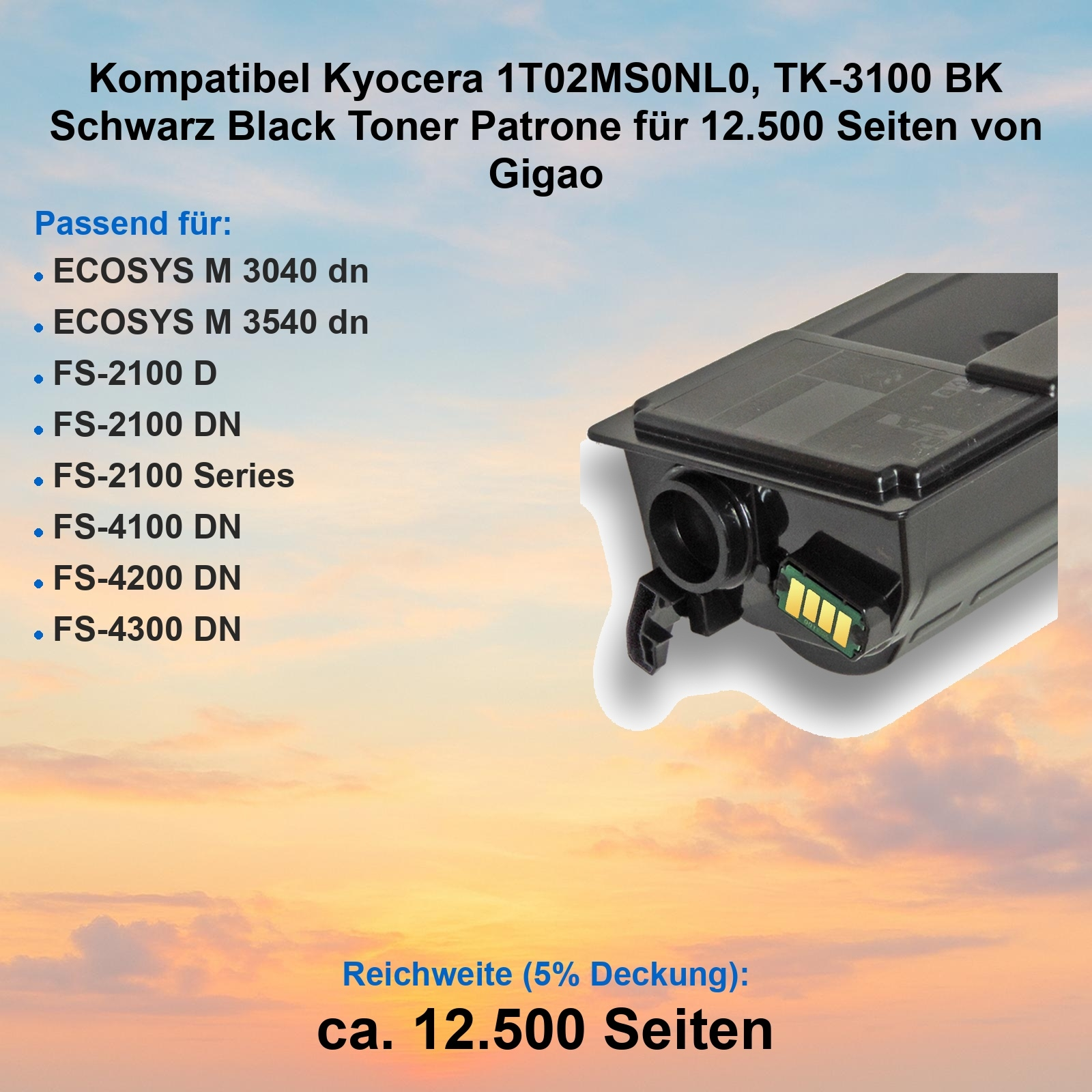 Eine schwarze Tonerkartusche für Kyocera-Drucker, vor einem wolkigen Hintergrund, mit Text zur Kompatibilität und Seitenzahl.